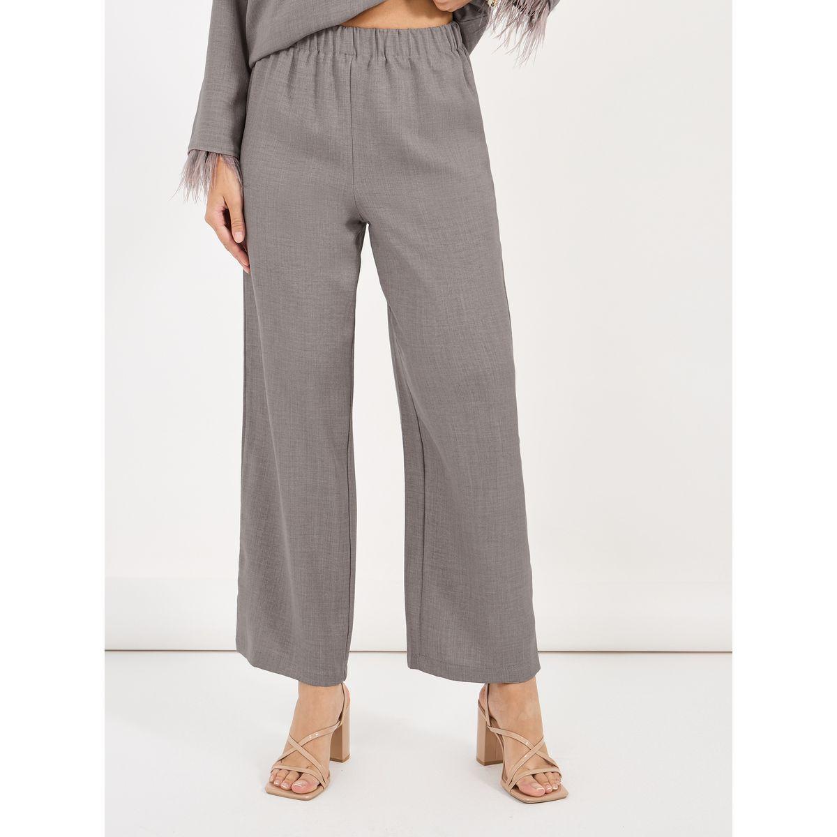 Amirah X Styli Solid Top with feather trim Sleeves & Wide Leg Pants Co-Ords Set-women-clothing-coordsets-image-5