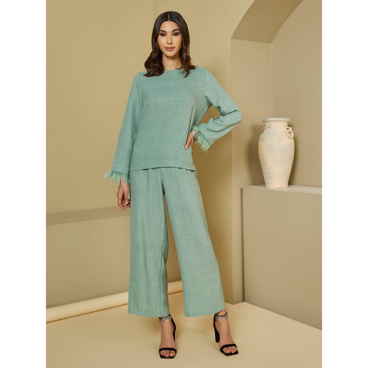مجموعة من بنطال بأرجل واسعة وبلوزة طويلة بشراشيب-women-arabicclothing-sets-image-1