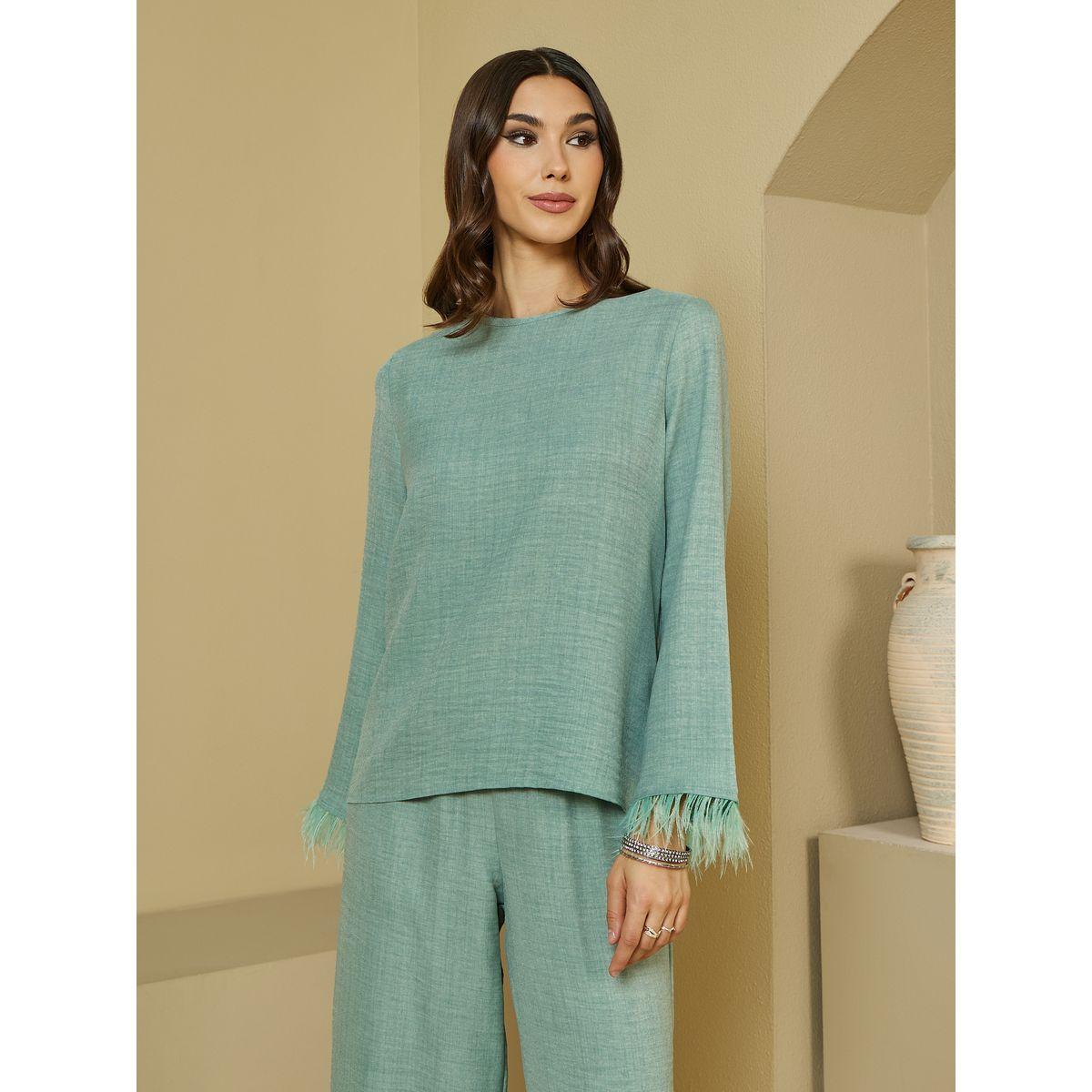 مجموعة من بنطال بأرجل واسعة وبلوزة طويلة بشراشيب-women-arabicclothing-sets-image-2