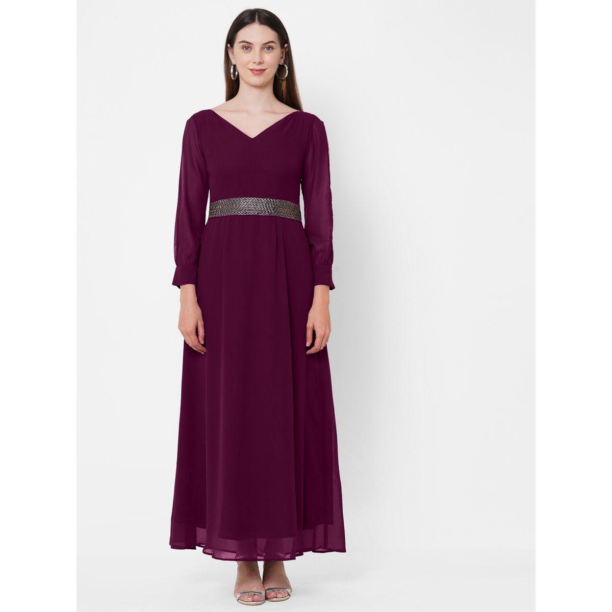 فستان طويل سادة بقصة جورجيت وأكمام بشق ميش × ستايلي-women-clothing-dresses-image-1