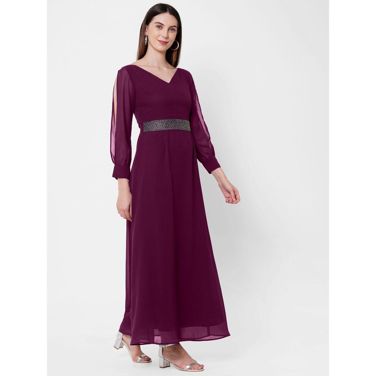 فستان طويل سادة بقصة جورجيت وأكمام بشق ميش × ستايلي-women-clothing-dresses-image-3