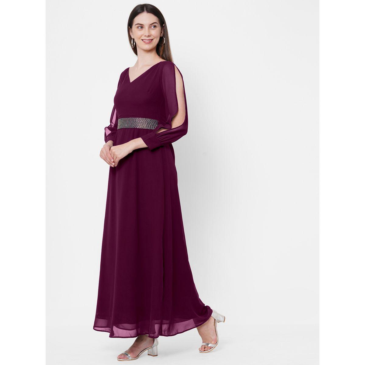 فستان طويل سادة بقصة جورجيت وأكمام بشق ميش × ستايلي-women-clothing-dresses-image-4