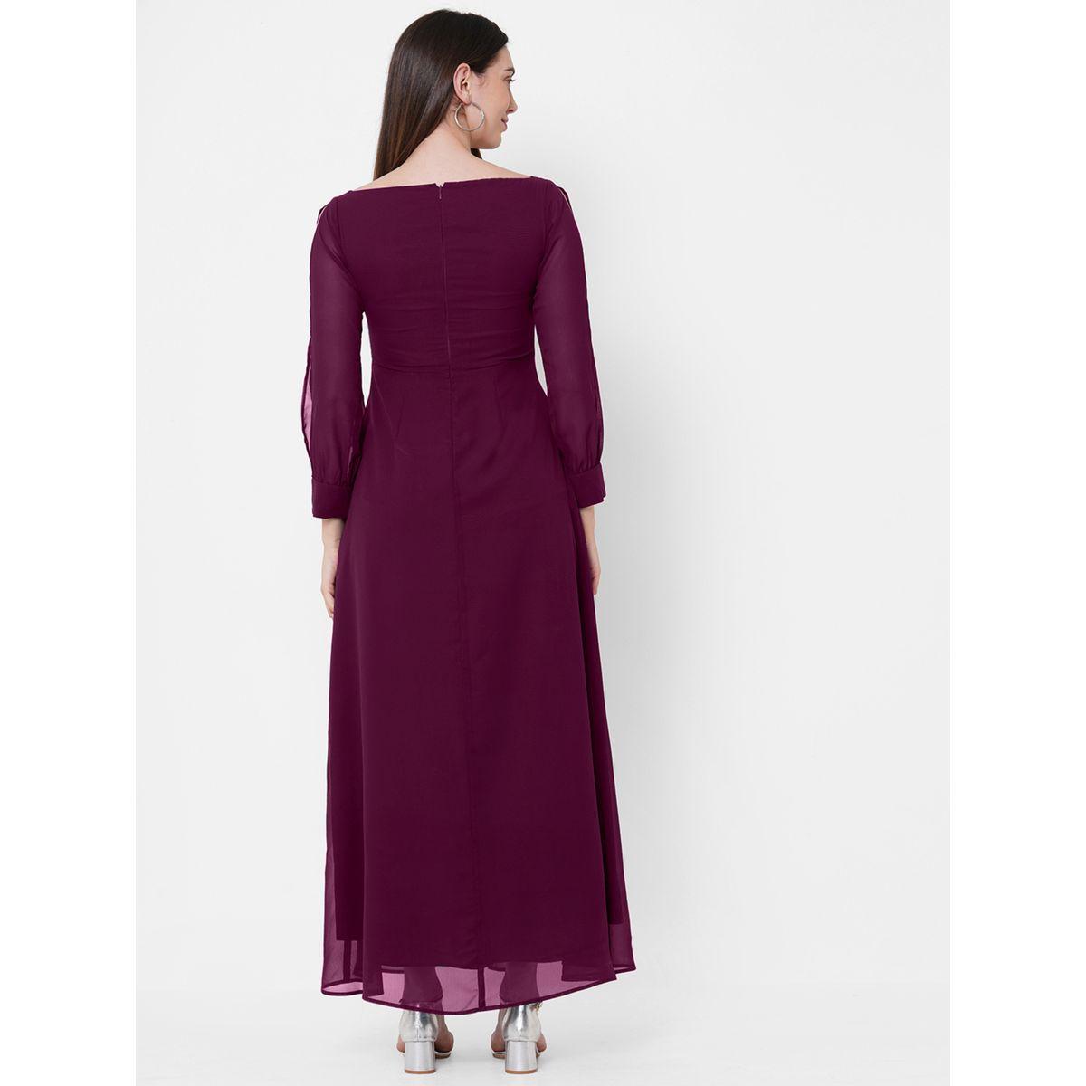 فستان طويل سادة بقصة جورجيت وأكمام بشق ميش × ستايلي-women-clothing-dresses-image-5