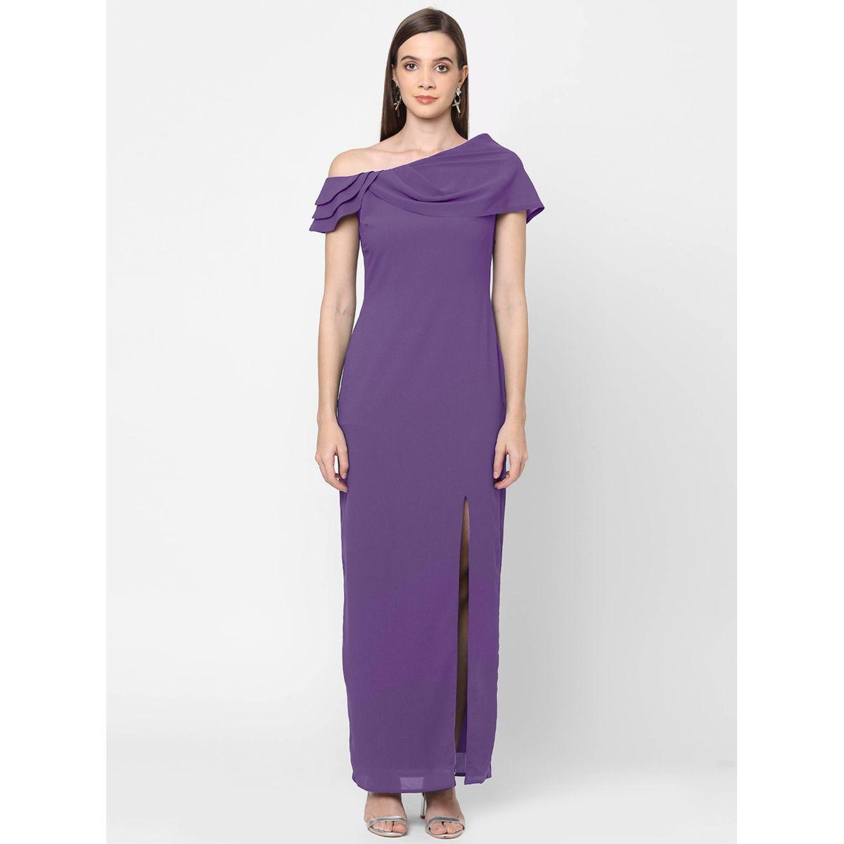 فستان طويل بياقة غير متماثلة الطول مع شق ميش × ستايلي-women-clothing-dresses-image-3