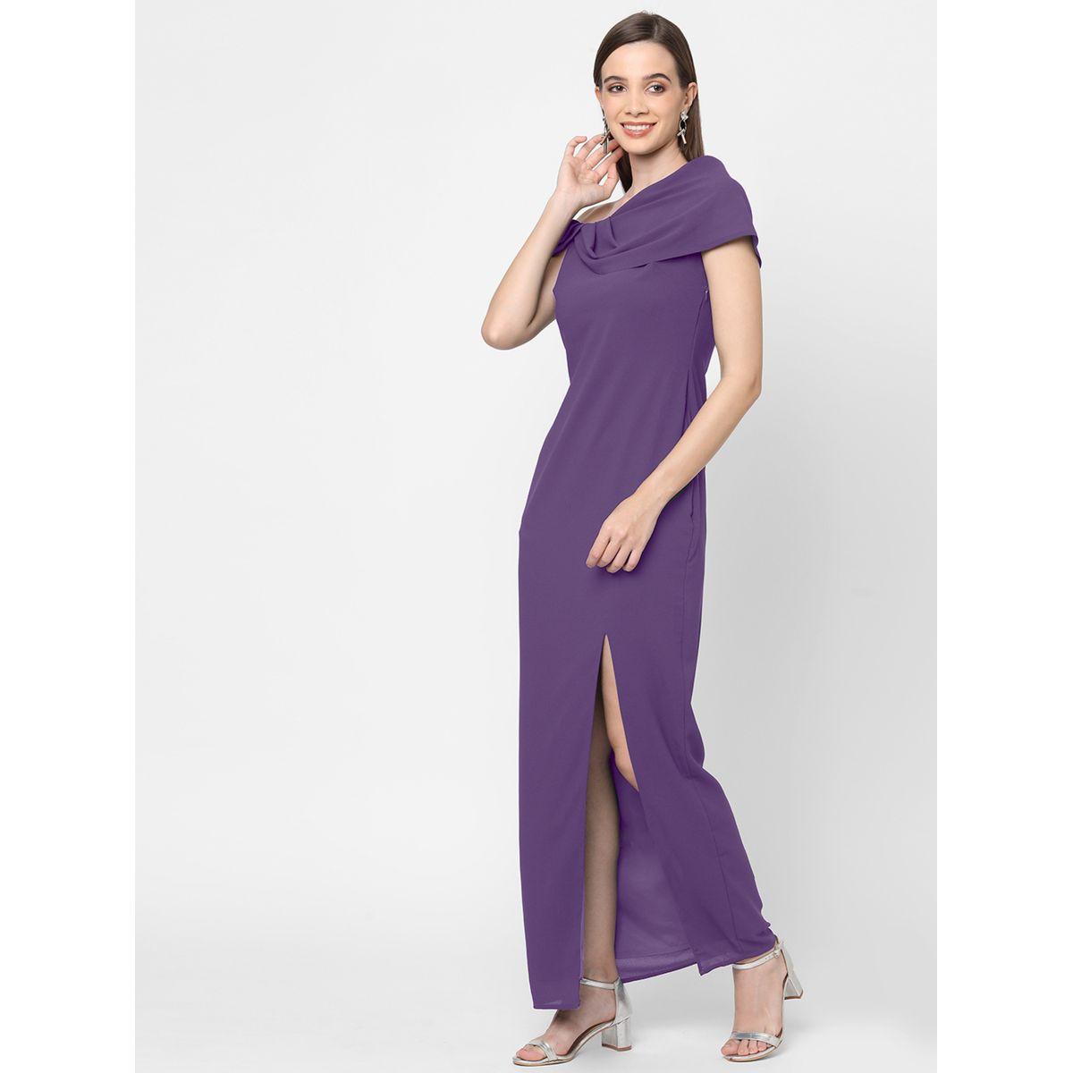 فستان طويل بياقة غير متماثلة الطول مع شق ميش × ستايلي-women-clothing-dresses-image-4