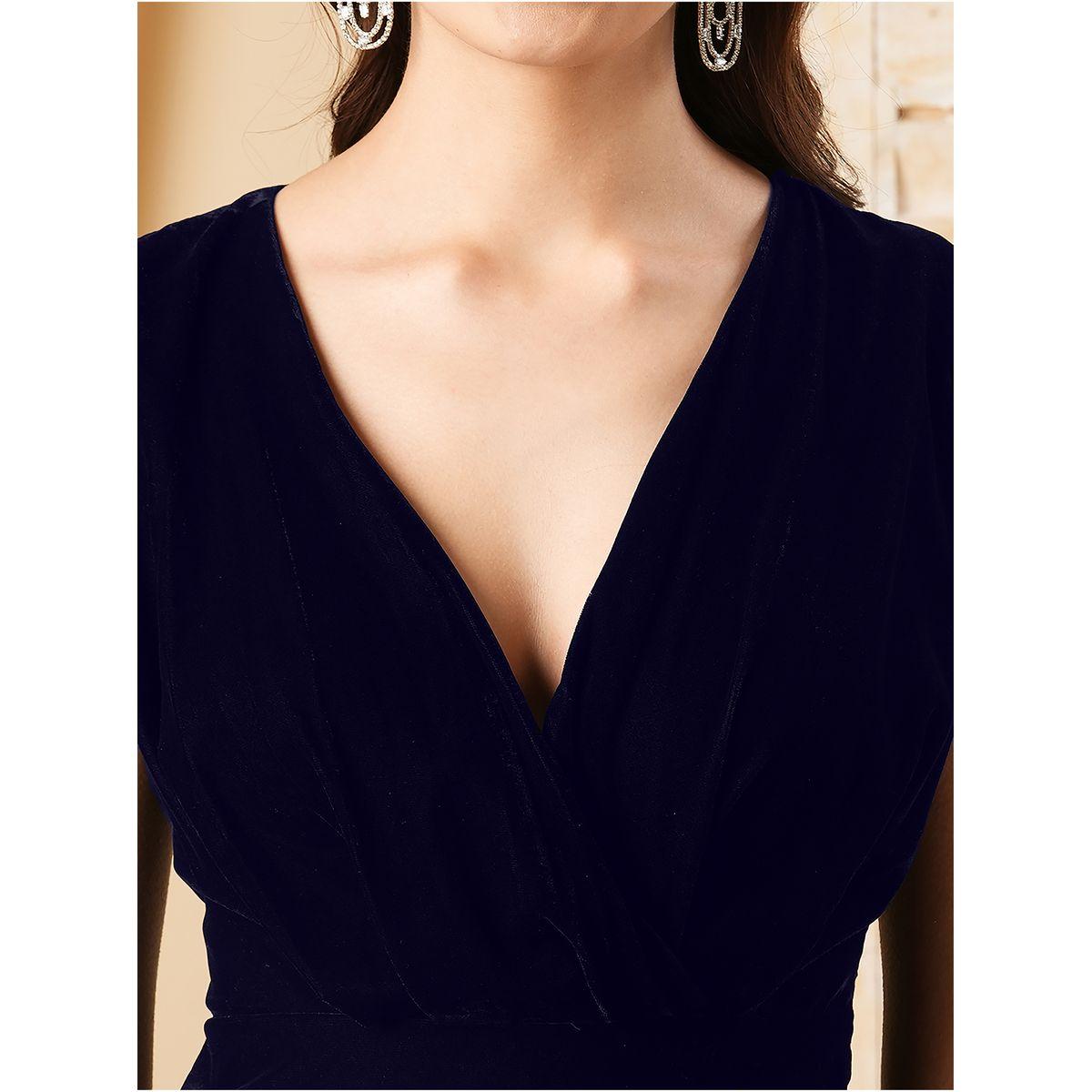 فستان طويل بياقة عميقة وشق امامي ميش × ستايلي-women-clothing-dresses-image-2