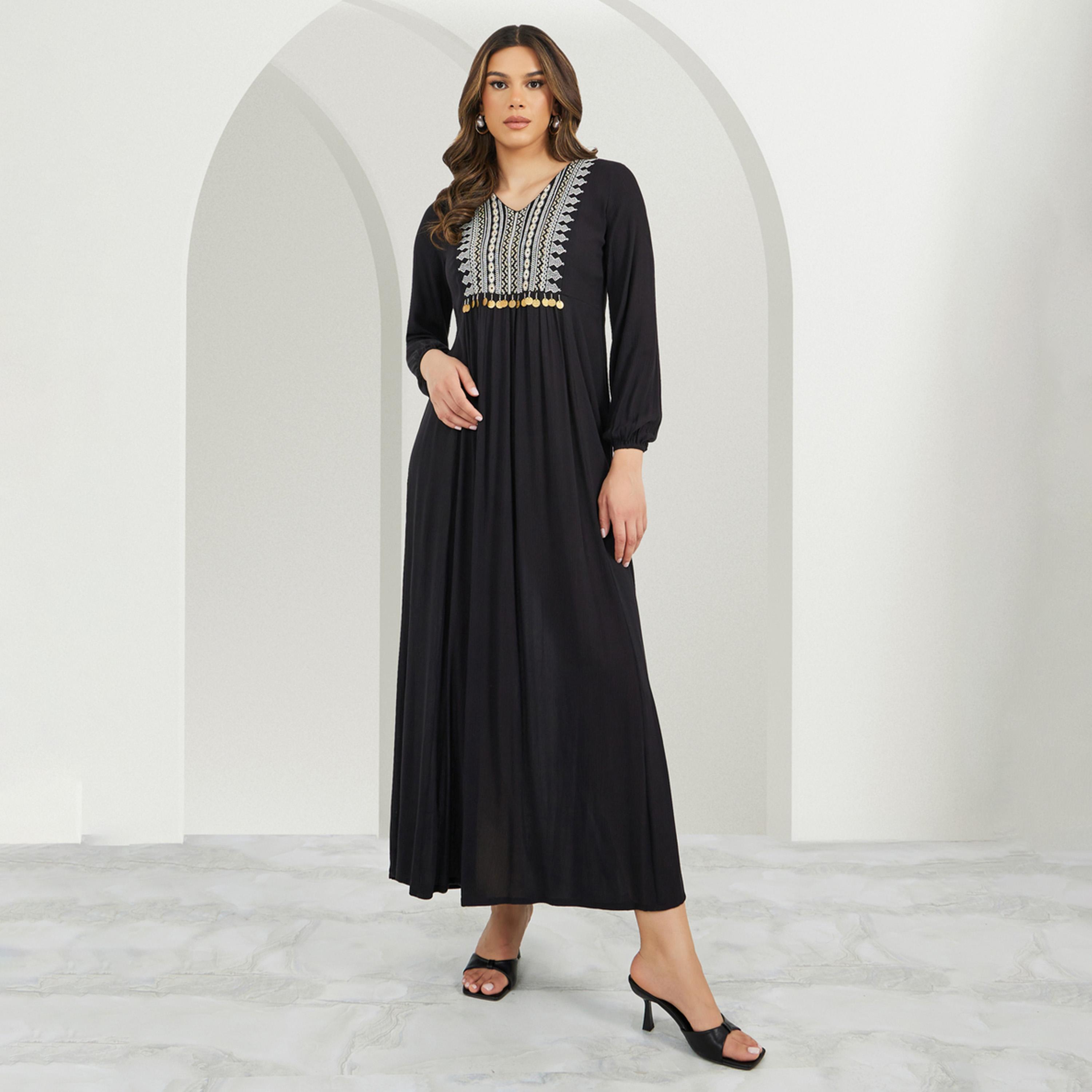 Amirah X Styli Textured Embroidered V-Neck A-Line Jalabiya with Coins Tassel Detail-women-arabicclothing-jalabiyas-image-1