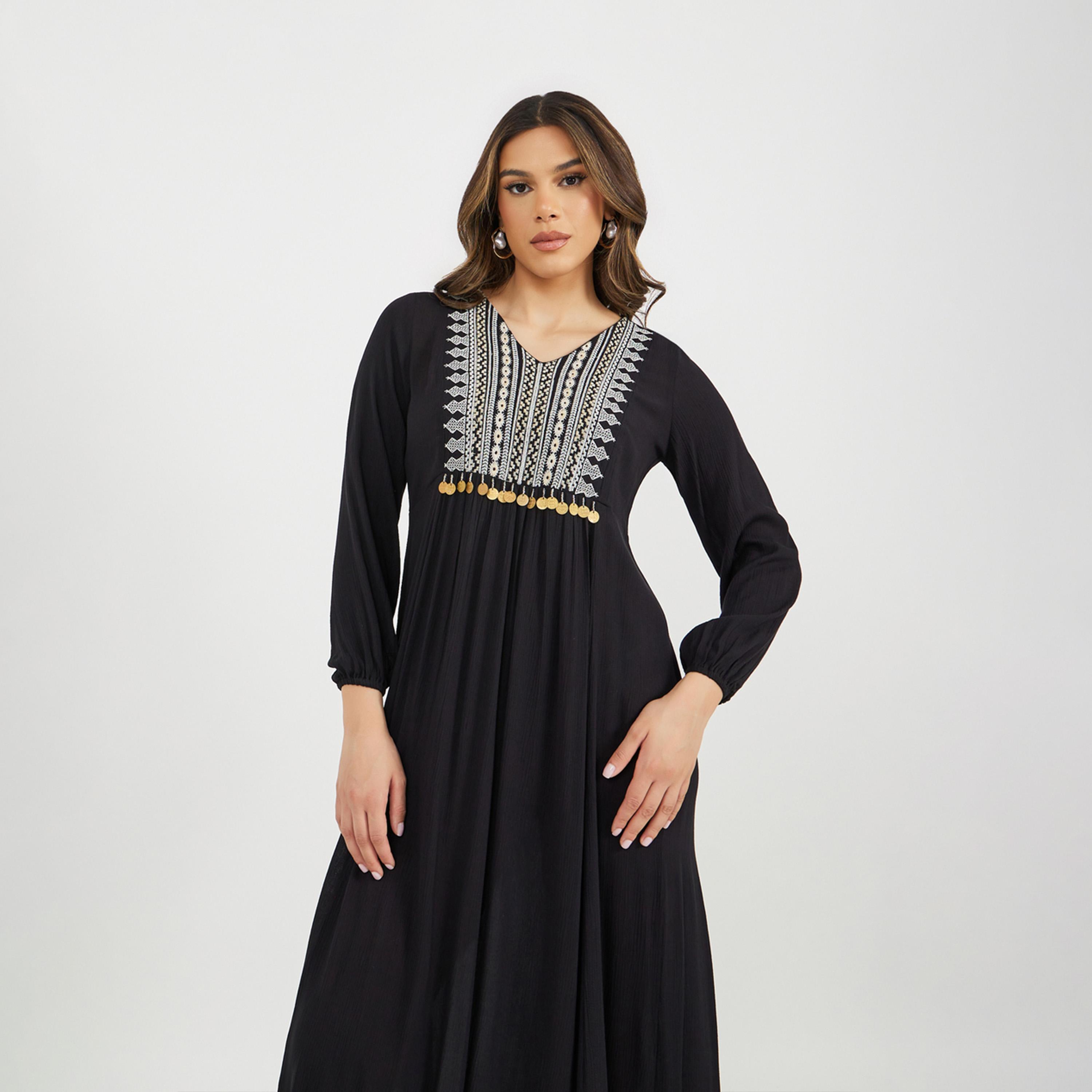 Amirah X Styli Textured Embroidered V-Neck A-Line Jalabiya with Coins Tassel Detail-women-arabicclothing-jalabiyas-image-3