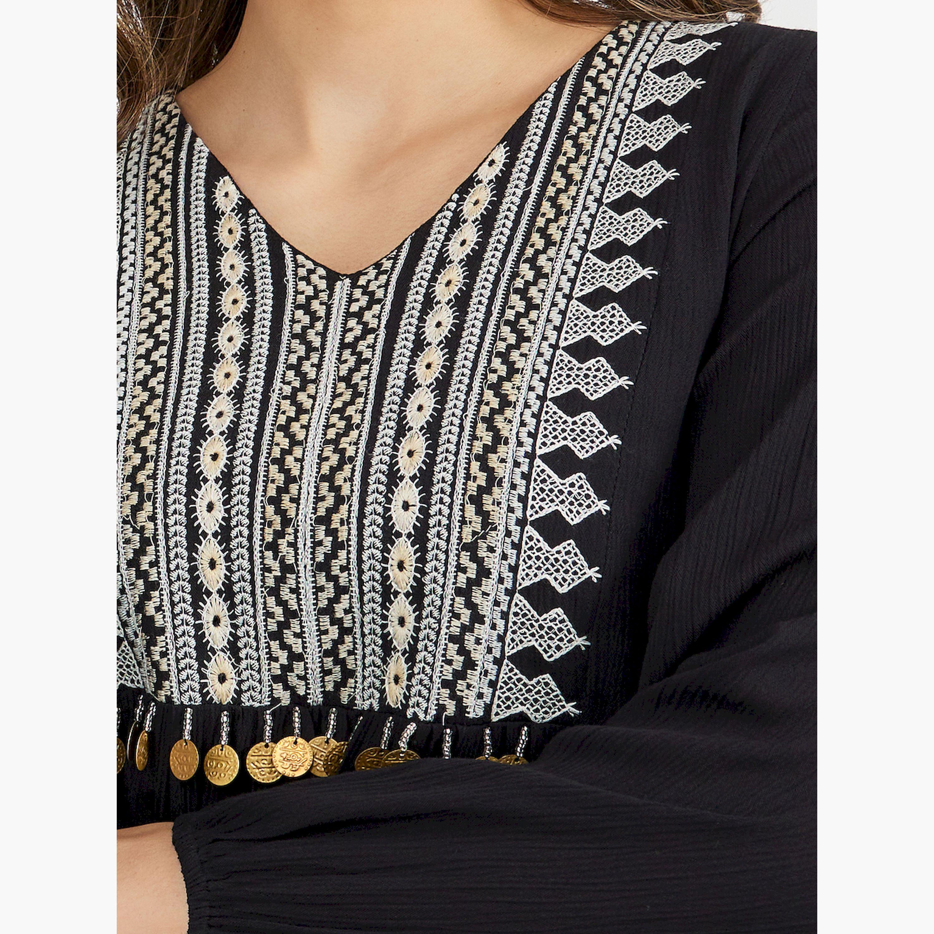 Amirah X Styli Textured Embroidered V-Neck A-Line Jalabiya with Coins Tassel Detail-women-arabicclothing-jalabiyas-image-4