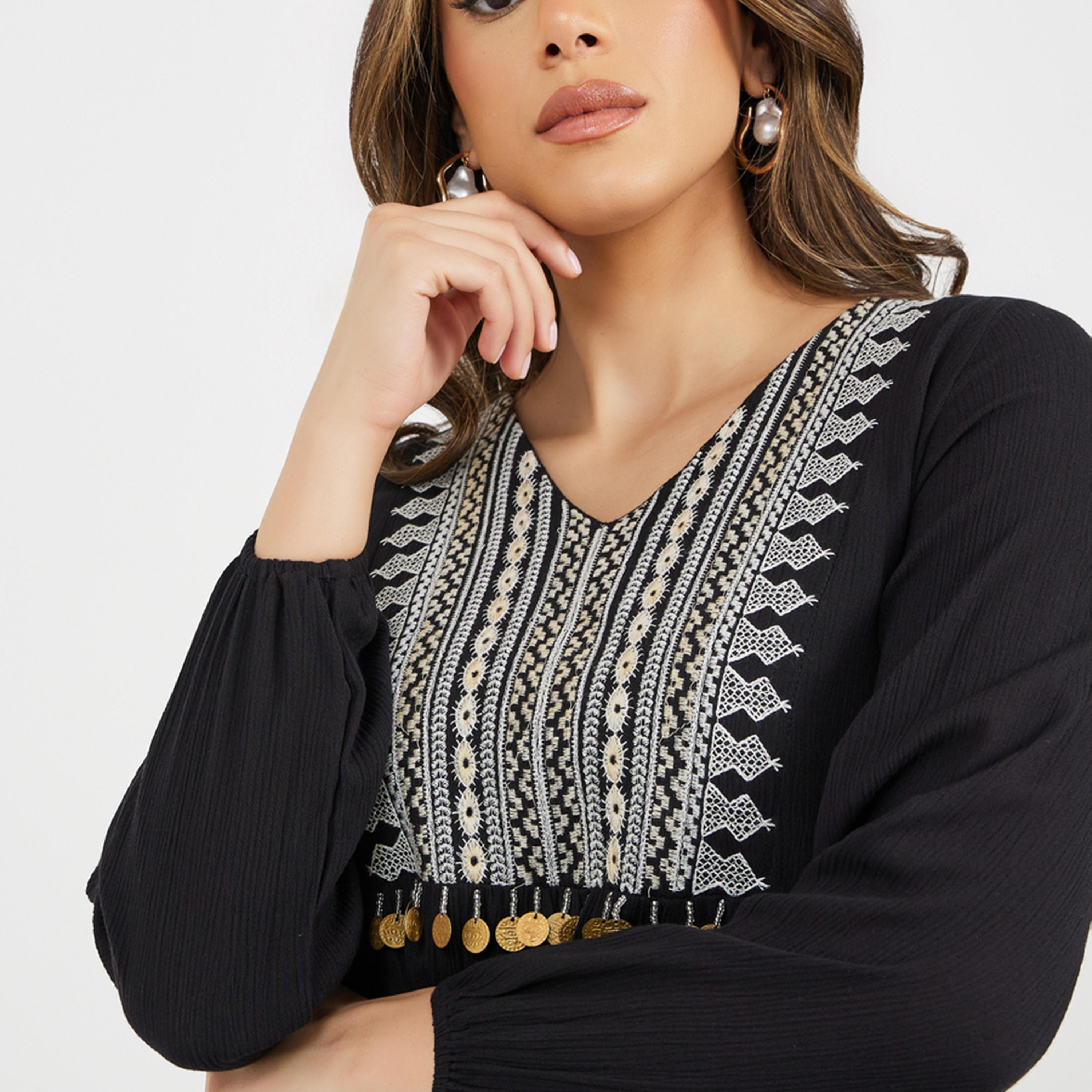 Amirah X Styli Textured Embroidered V-Neck A-Line Jalabiya with Coins Tassel Detail-women-arabicclothing-jalabiyas-image-5