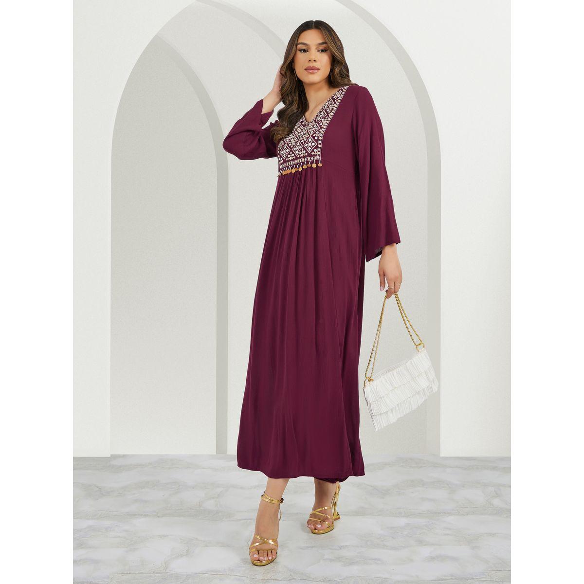 Textured Embroidered Jalabiya with Coin Tassel Detail-women-arabicclothing-jalabiyas-image-1