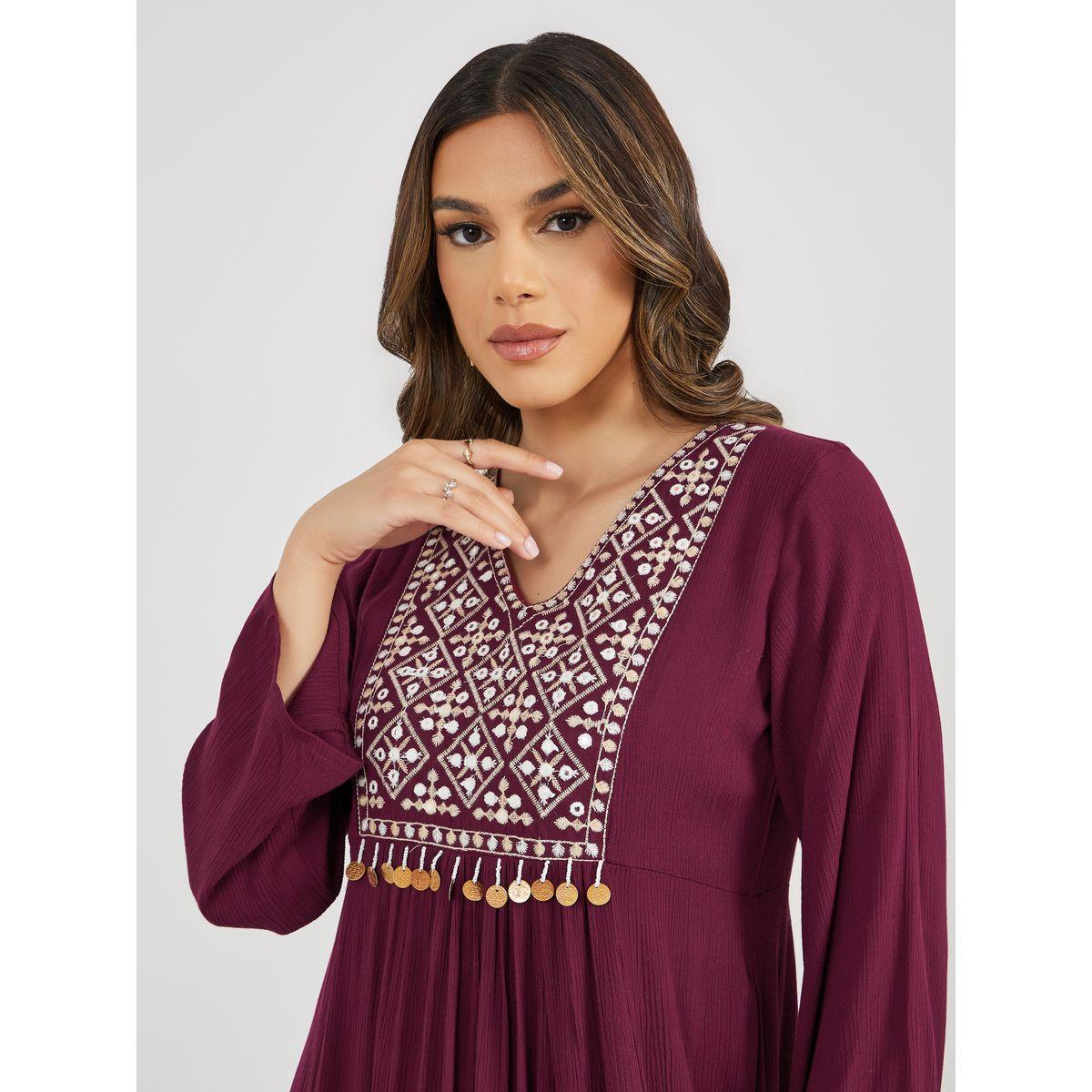 Textured Embroidered Jalabiya with Coin Tassel Detail-women-arabicclothing-jalabiyas-image-2