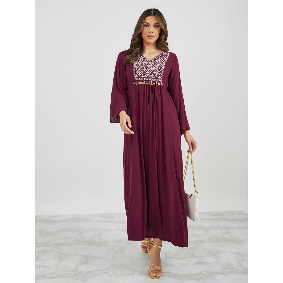 Textured Embroidered Jalabiya with Coin Tassel Detail-women-arabicclothing-jalabiyas-image-3