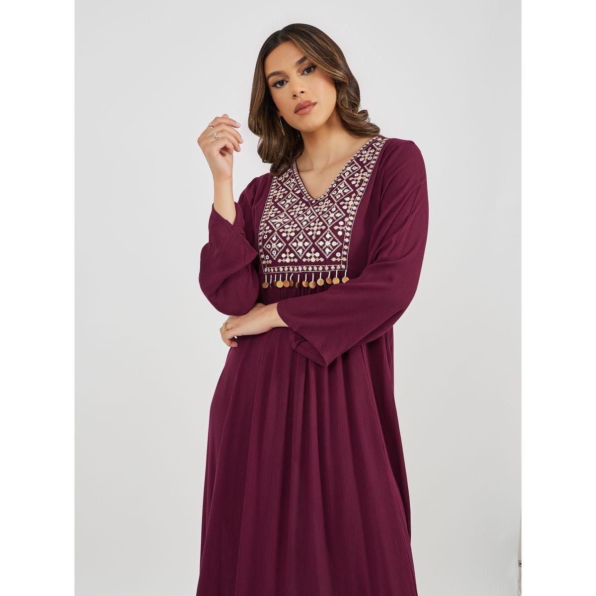 Textured Embroidered Jalabiya with Coin Tassel Detail-women-arabicclothing-jalabiyas-image-4