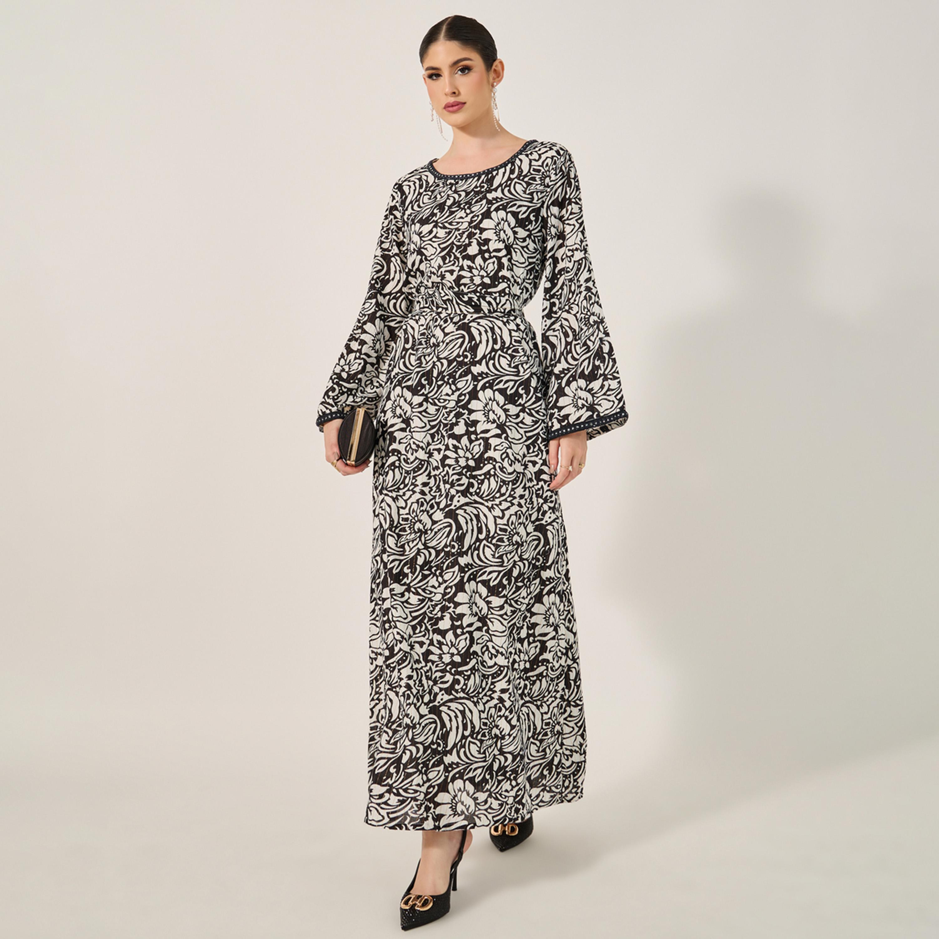 ستايلي - جلابية مطبوعة بالكامل ومزخرفة بقصة A ورقبة دائرية-women-arabicclothing-jalabiyas-image-1