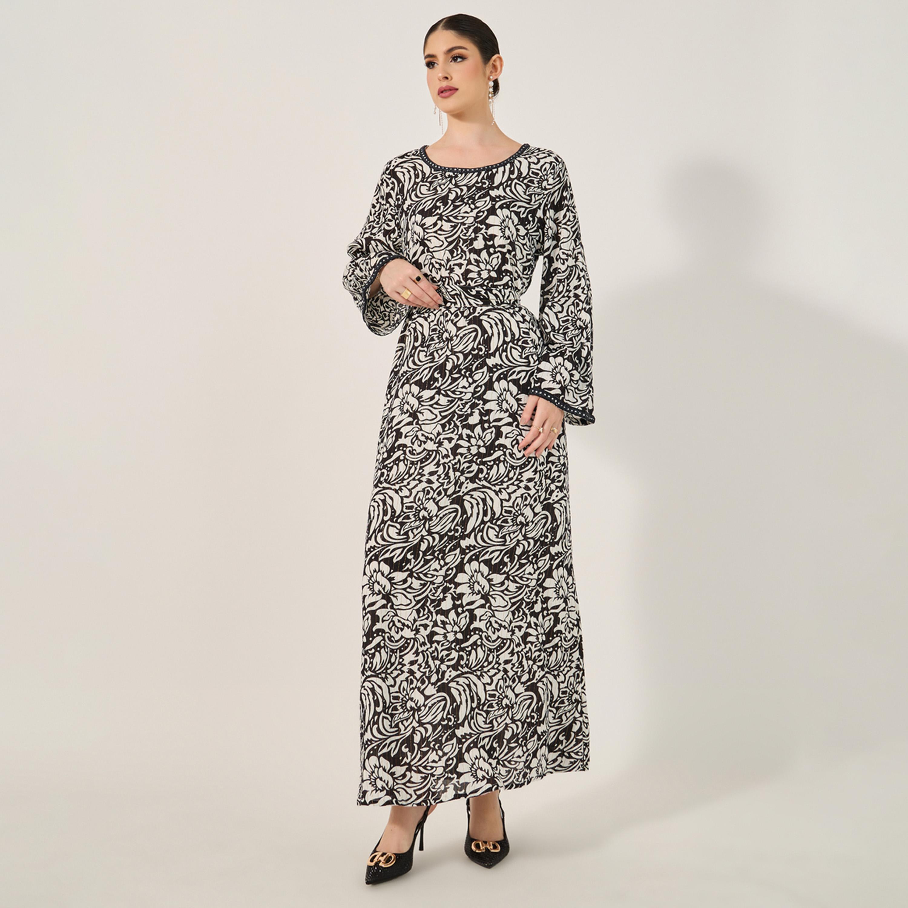 ستايلي - جلابية مطبوعة بالكامل ومزخرفة بقصة A ورقبة دائرية-women-arabicclothing-jalabiyas-image-2