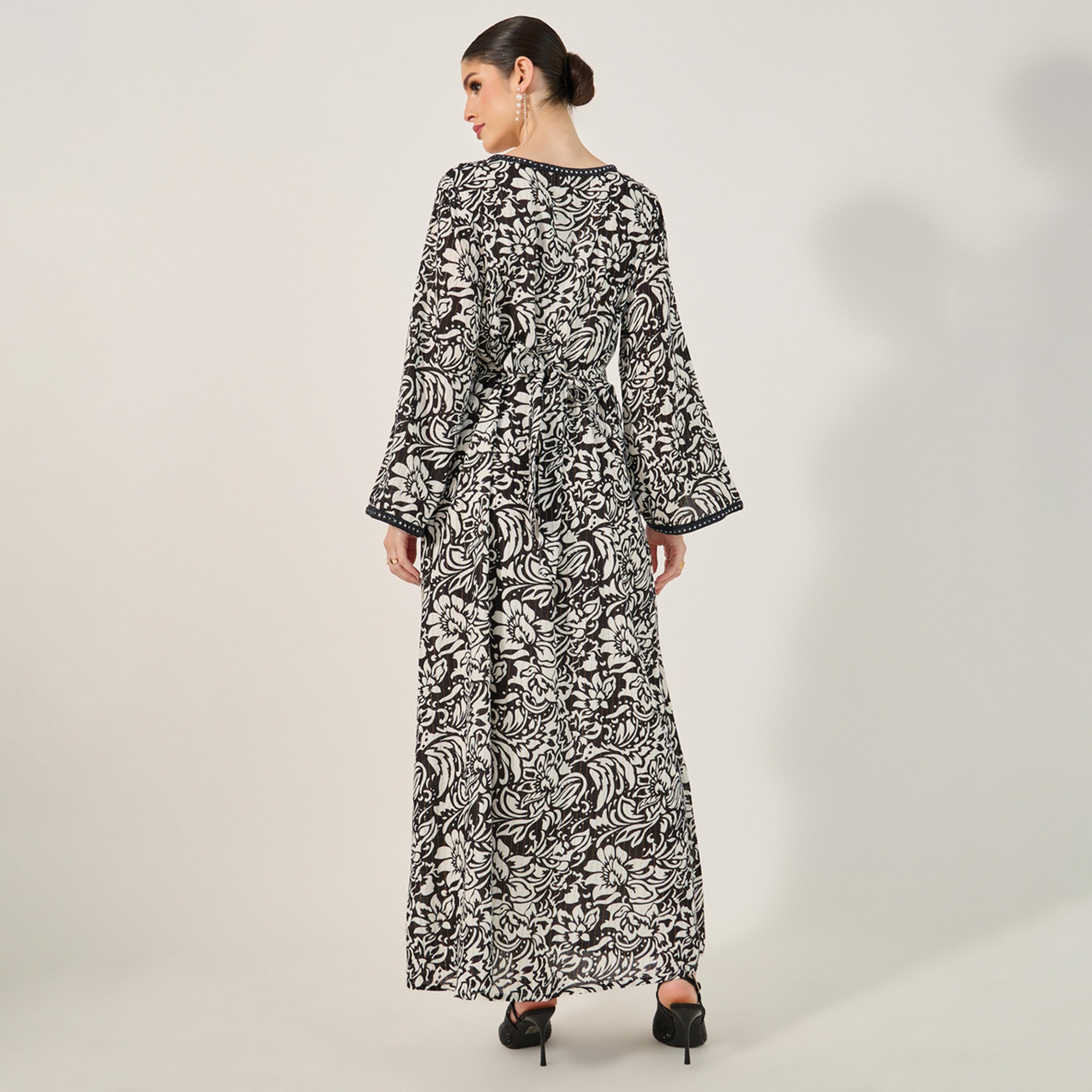 ستايلي - جلابية مطبوعة بالكامل ومزخرفة بقصة A ورقبة دائرية-women-arabicclothing-jalabiyas-image-5
