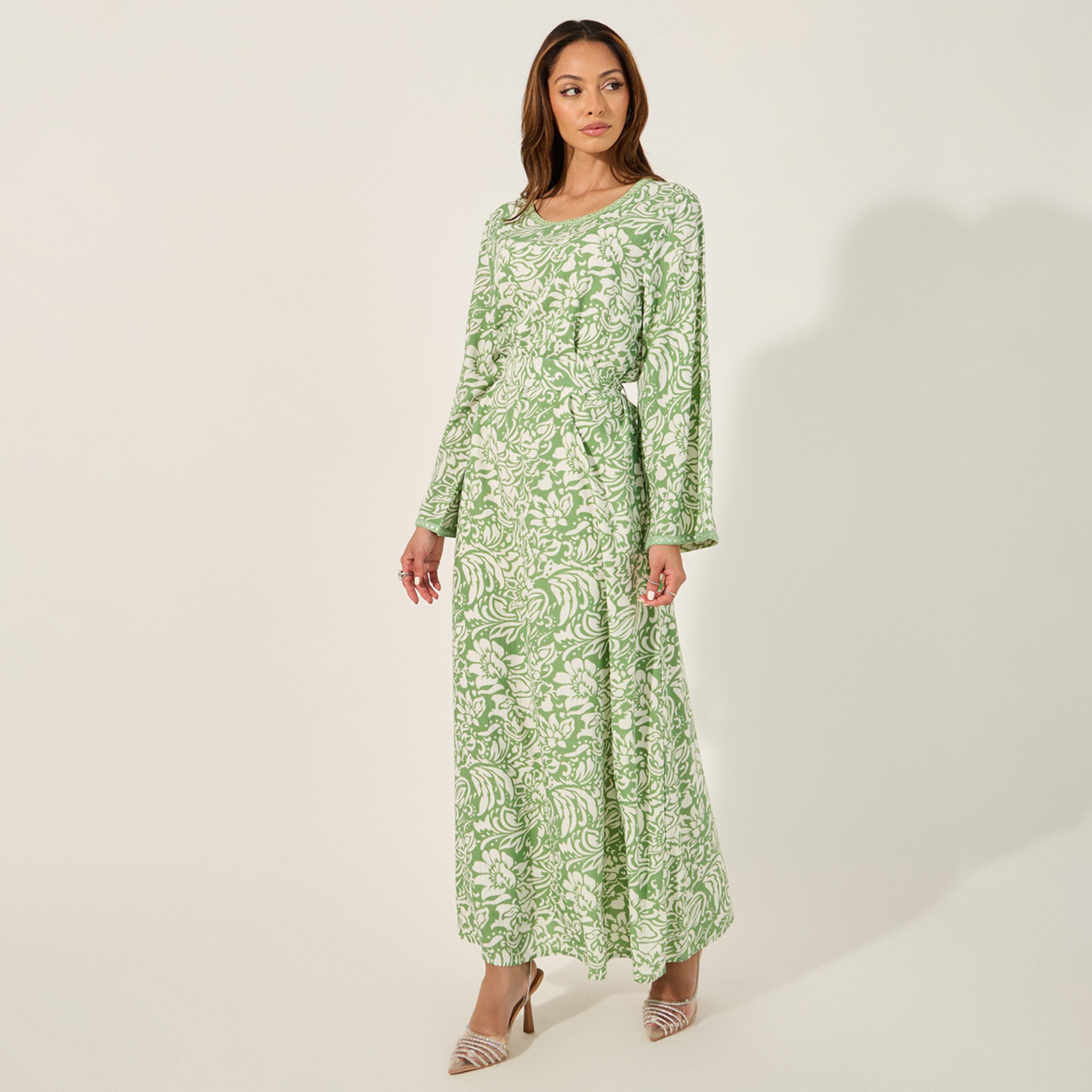 ستايلي - جلابية مطبوعة بالكامل ومزخرفة بقصة A ورقبة دائرية-women-arabicclothing-jalabiyas-image-1