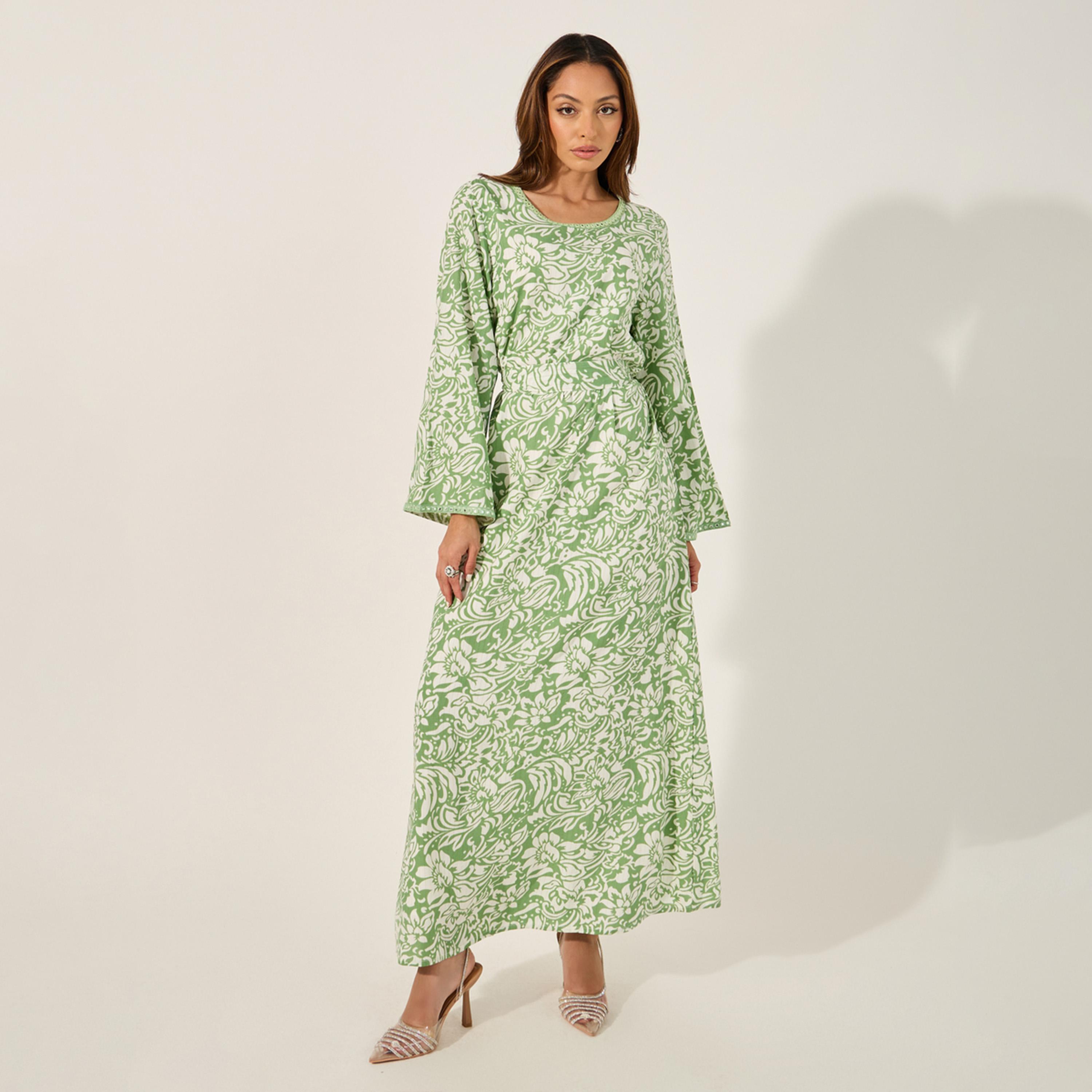 ستايلي - جلابية مطبوعة بالكامل ومزخرفة بقصة A ورقبة دائرية-women-arabicclothing-jalabiyas-image-2
