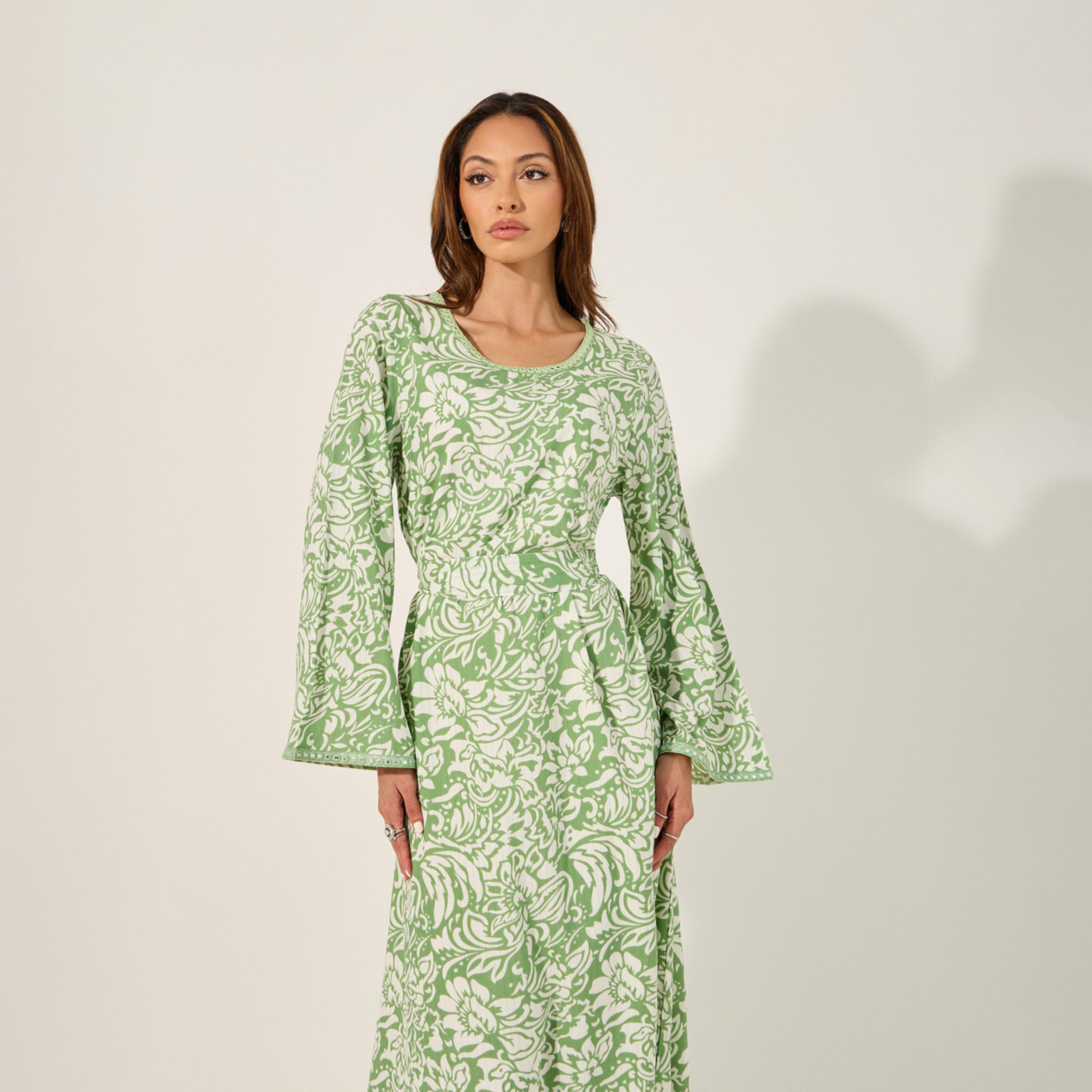 ستايلي - جلابية مطبوعة بالكامل ومزخرفة بقصة A ورقبة دائرية-women-arabicclothing-jalabiyas-image-3