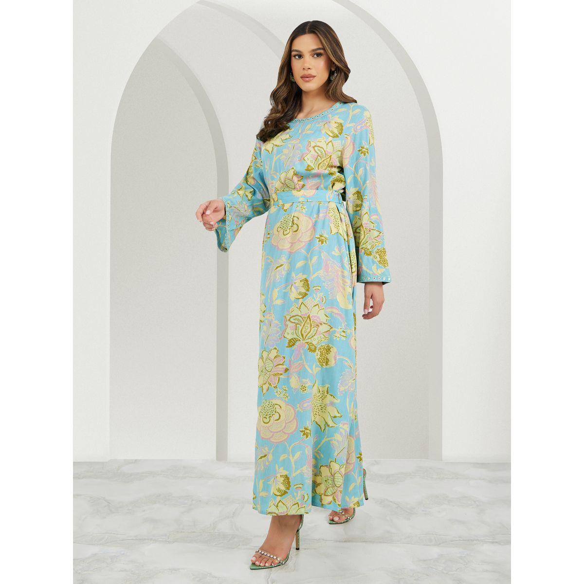 Textured All-Over Floral Print Jalabiya with Waist Belt Detail-women-arabicclothing-jalabiyas-image-1