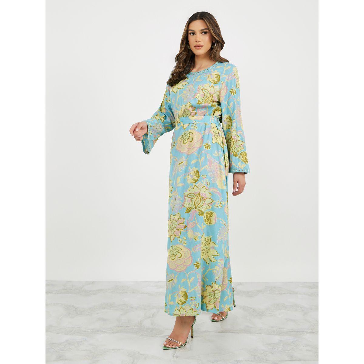 Textured All-Over Floral Print Jalabiya with Waist Belt Detail-women-arabicclothing-jalabiyas-image-2
