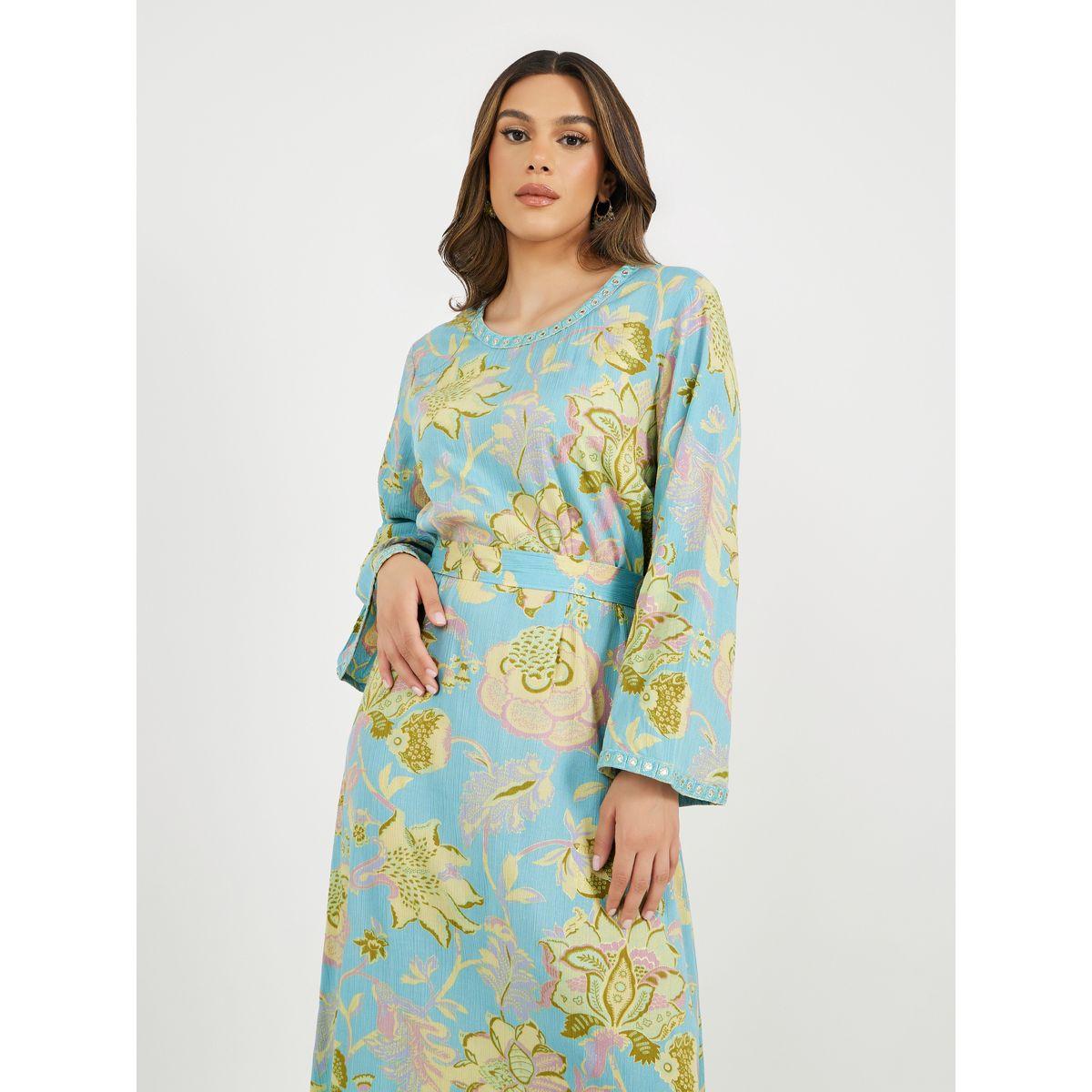 Textured All-Over Floral Print Jalabiya with Waist Belt Detail-women-arabicclothing-jalabiyas-image-3