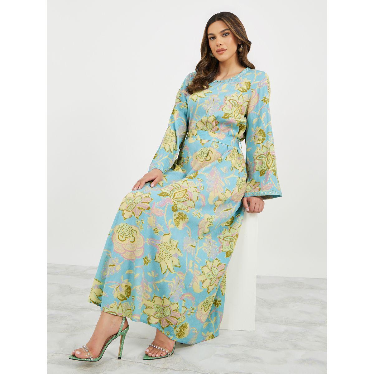 Textured All-Over Floral Print Jalabiya with Waist Belt Detail-women-arabicclothing-jalabiyas-image-4