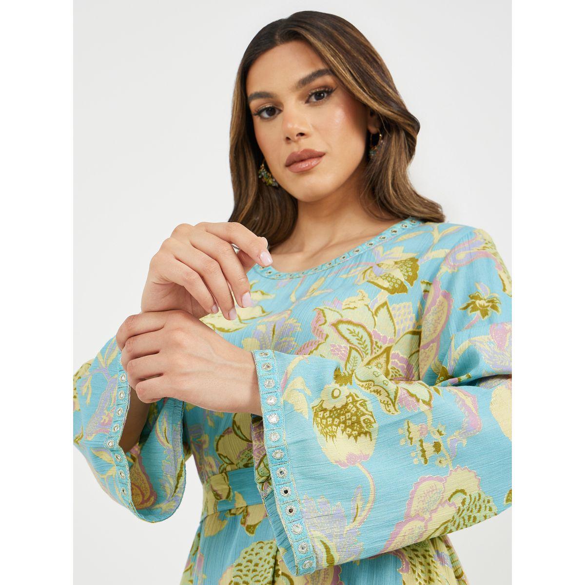 Textured All-Over Floral Print Jalabiya with Waist Belt Detail-women-arabicclothing-jalabiyas-image-5