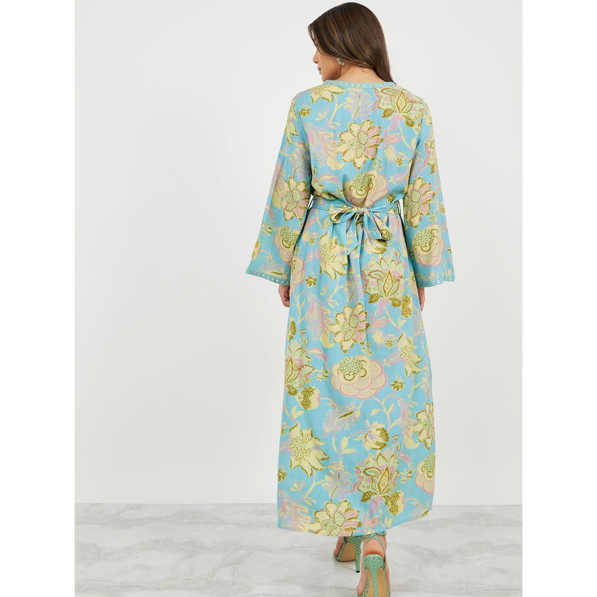 Textured All-Over Floral Print Jalabiya with Waist Belt Detail-women-arabicclothing-jalabiyas-image-6