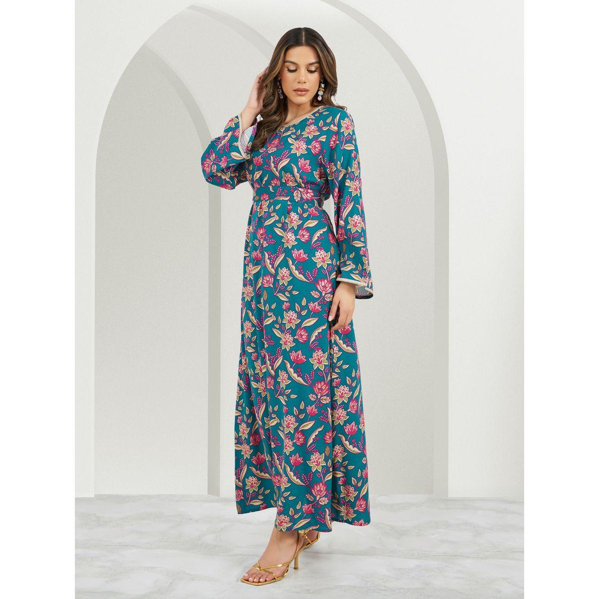 All-Over Floral Print Lace Trims Jalabiya with Waist Tie Details-women-arabicclothing-jalabiyas-image-1