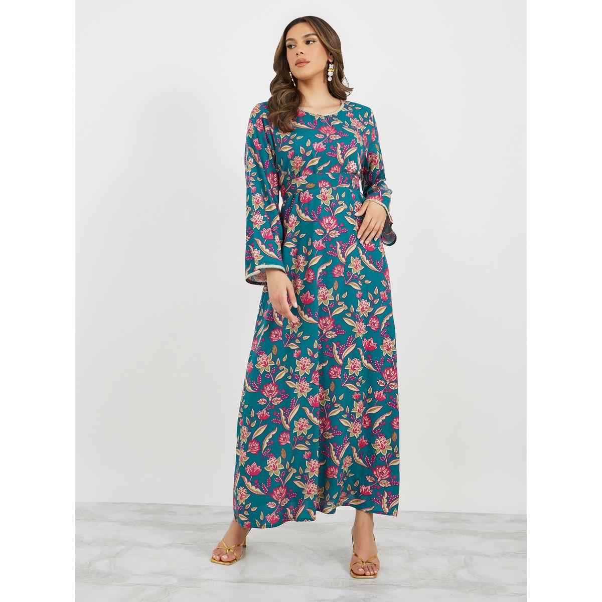 All-Over Floral Print Lace Trims Jalabiya with Waist Tie Details-women-arabicclothing-jalabiyas-image-2
