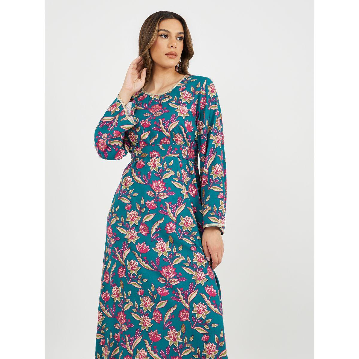 All-Over Floral Print Lace Trims Jalabiya with Waist Tie Details-women-arabicclothing-jalabiyas-image-3