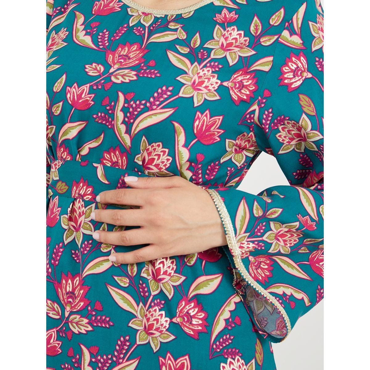All-Over Floral Print Lace Trims Jalabiya with Waist Tie Details-women-arabicclothing-jalabiyas-image-4