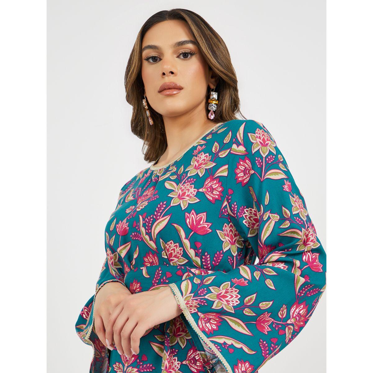 All-Over Floral Print Lace Trims Jalabiya with Waist Tie Details-women-arabicclothing-jalabiyas-image-5