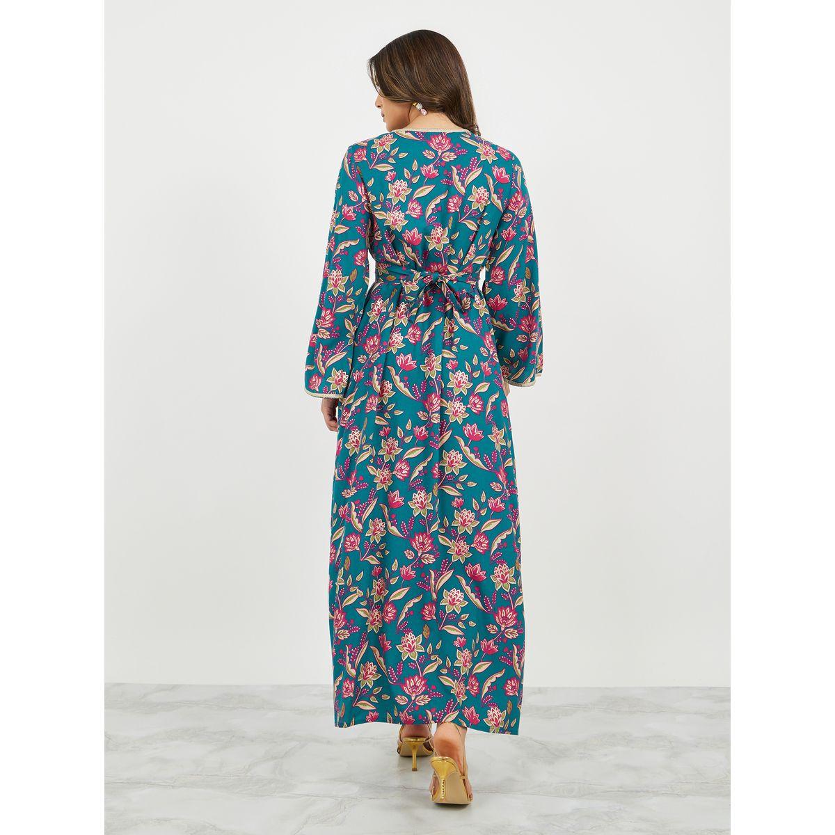 All-Over Floral Print Lace Trims Jalabiya with Waist Tie Details-women-arabicclothing-jalabiyas-image-6