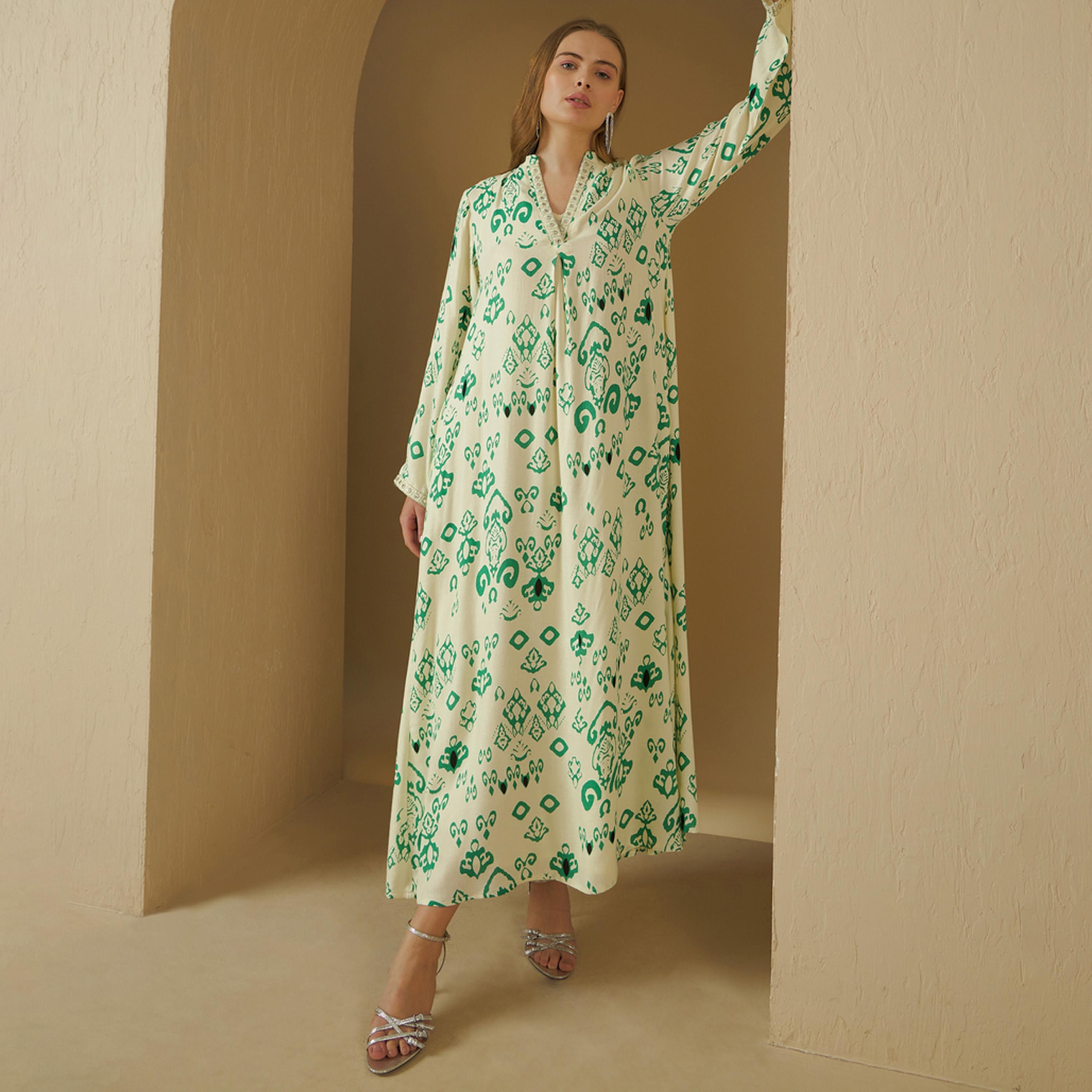 Styli Printed V-Neck Lace Trim A-Line Jalabiya-women-arabicclothing-jalabiyas-image-1