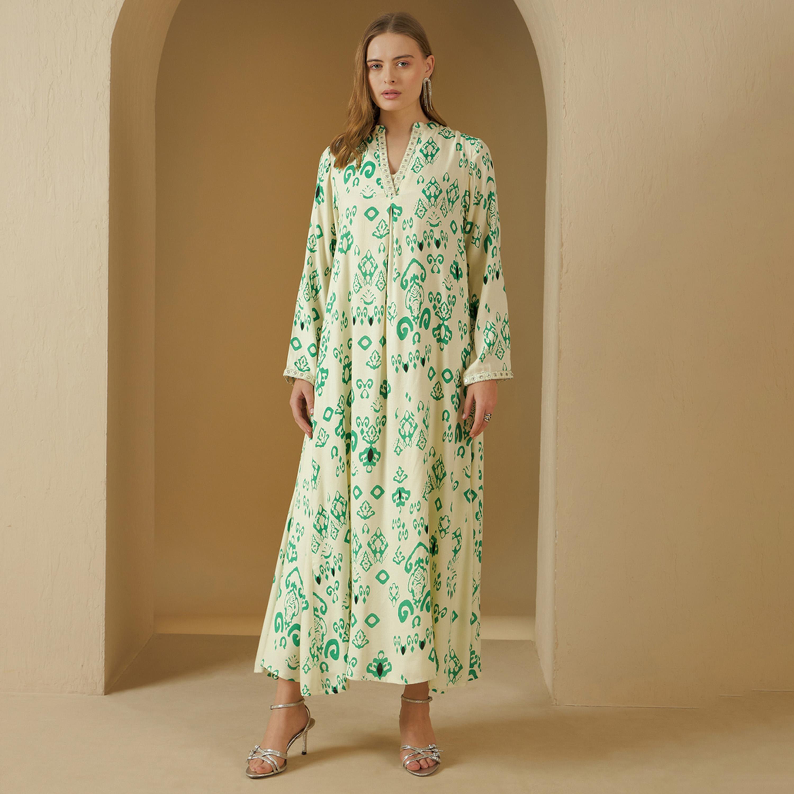 Styli Printed V-Neck Lace Trim A-Line Jalabiya-women-arabicclothing-jalabiyas-image-2