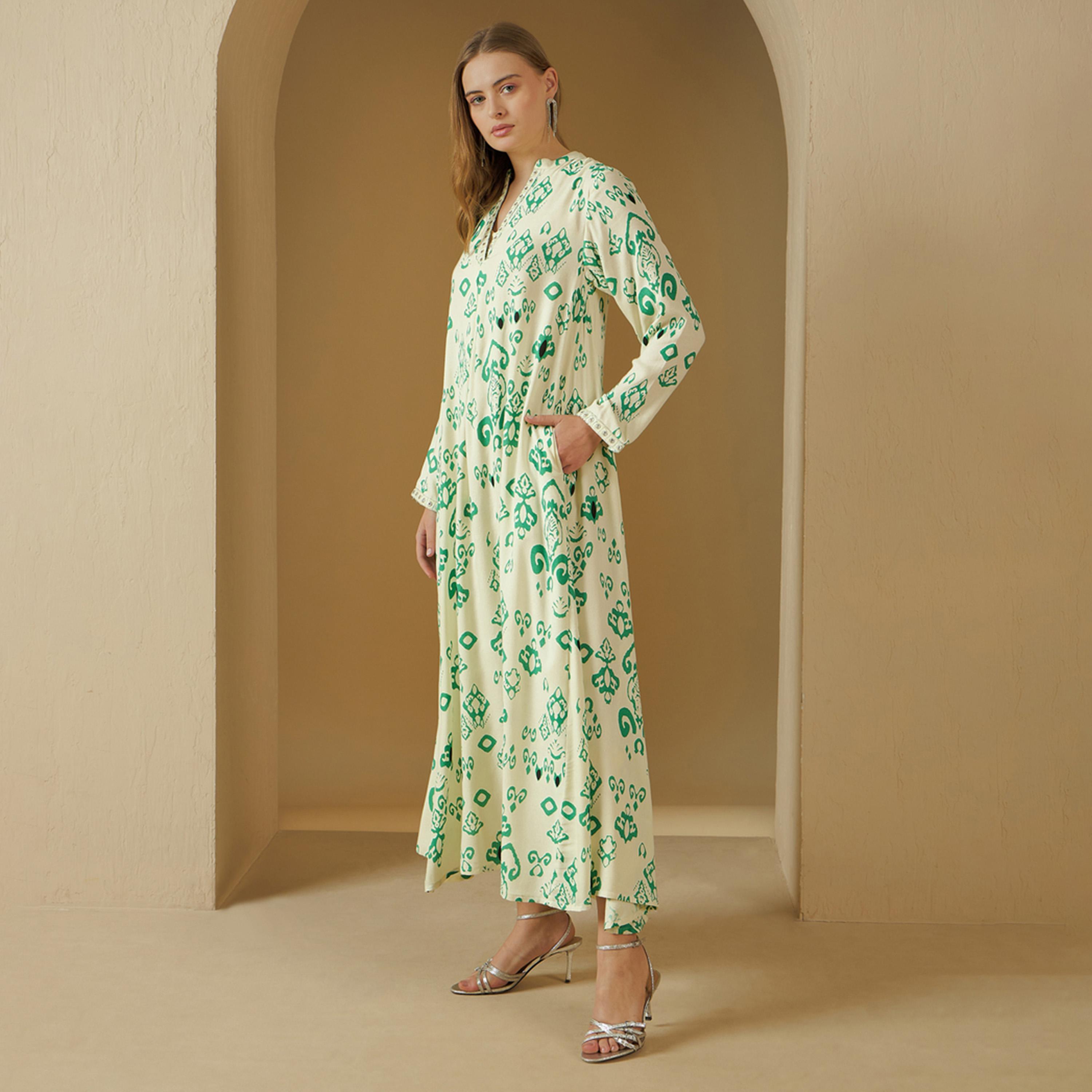 Styli Printed V-Neck Lace Trim A-Line Jalabiya-women-arabicclothing-jalabiyas-image-3