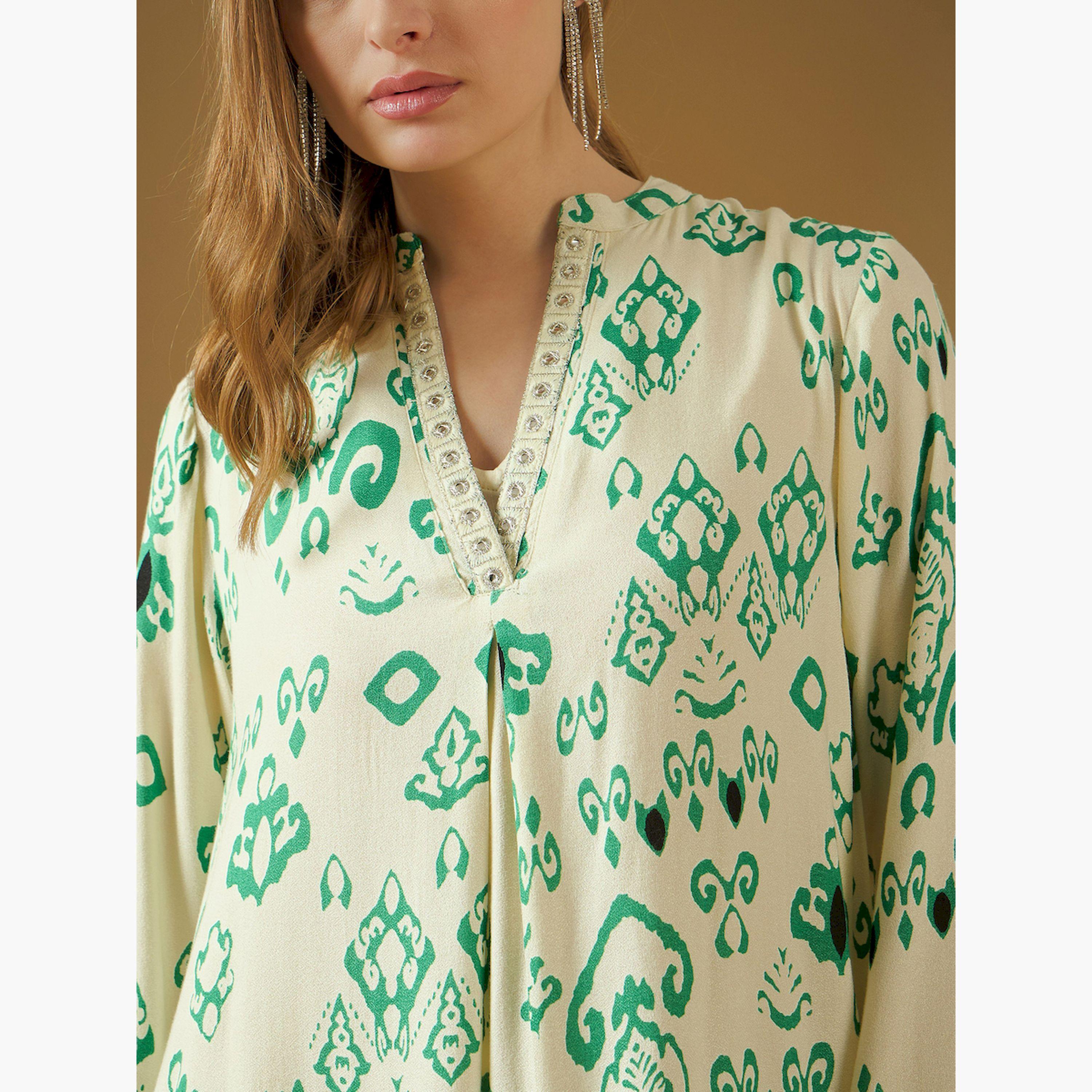 Styli Printed V-Neck Lace Trim A-Line Jalabiya-women-arabicclothing-jalabiyas-image-4