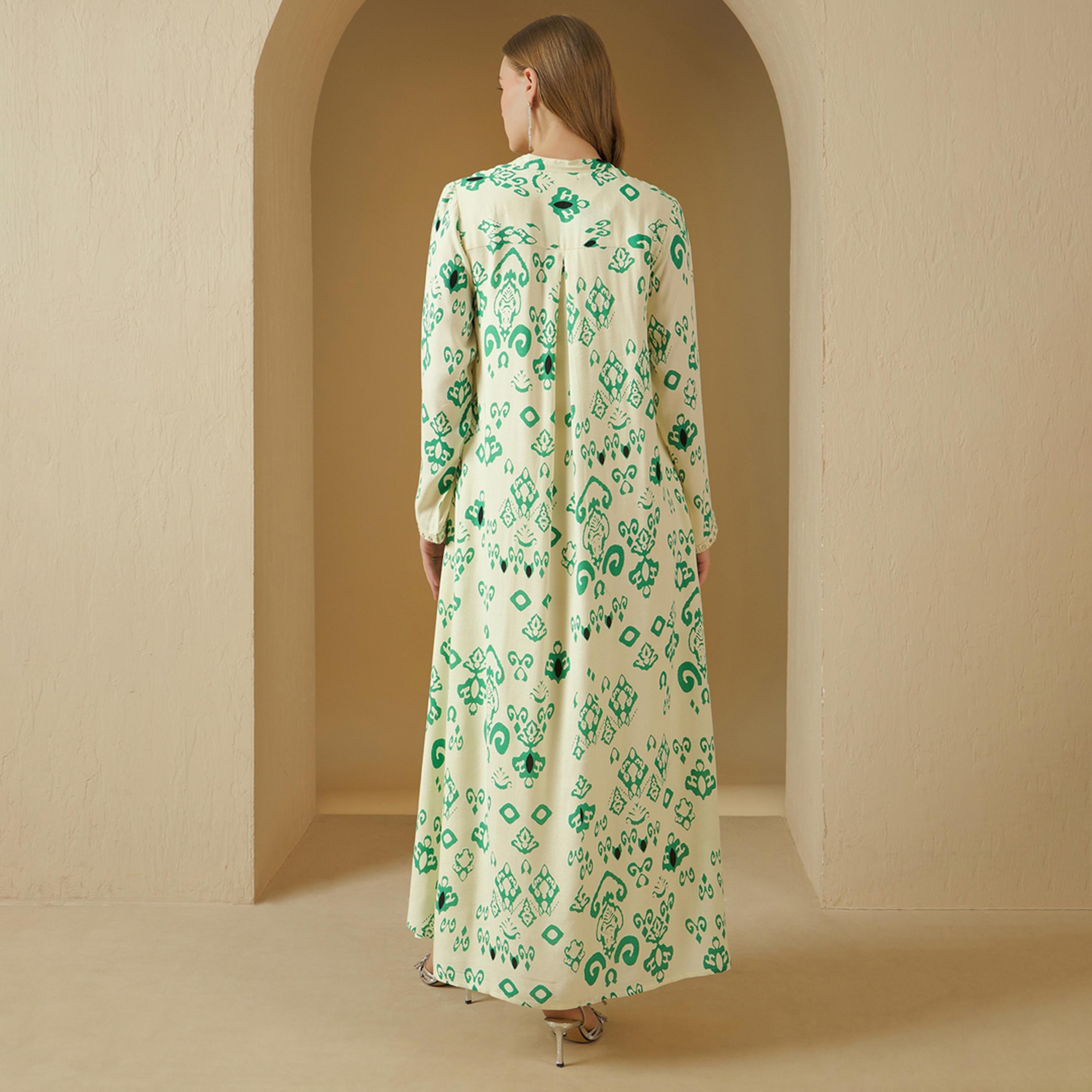 Styli Printed V-Neck Lace Trim A-Line Jalabiya-women-arabicclothing-jalabiyas-image-5