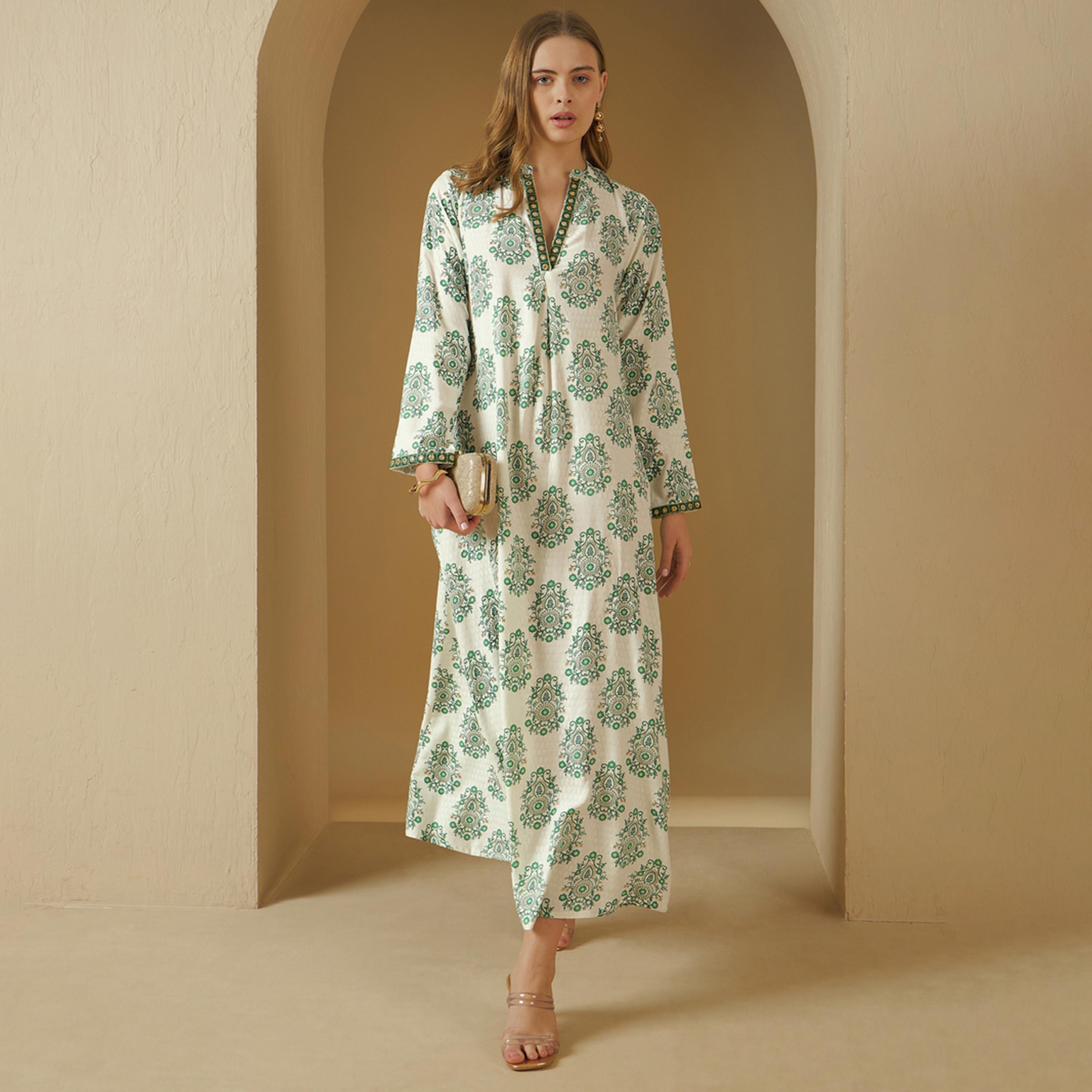Amirah X Styli All-Over Print V-Neck Embroidered A-Line Jalabiya-women-arabicclothing-jalabiyas-image-1
