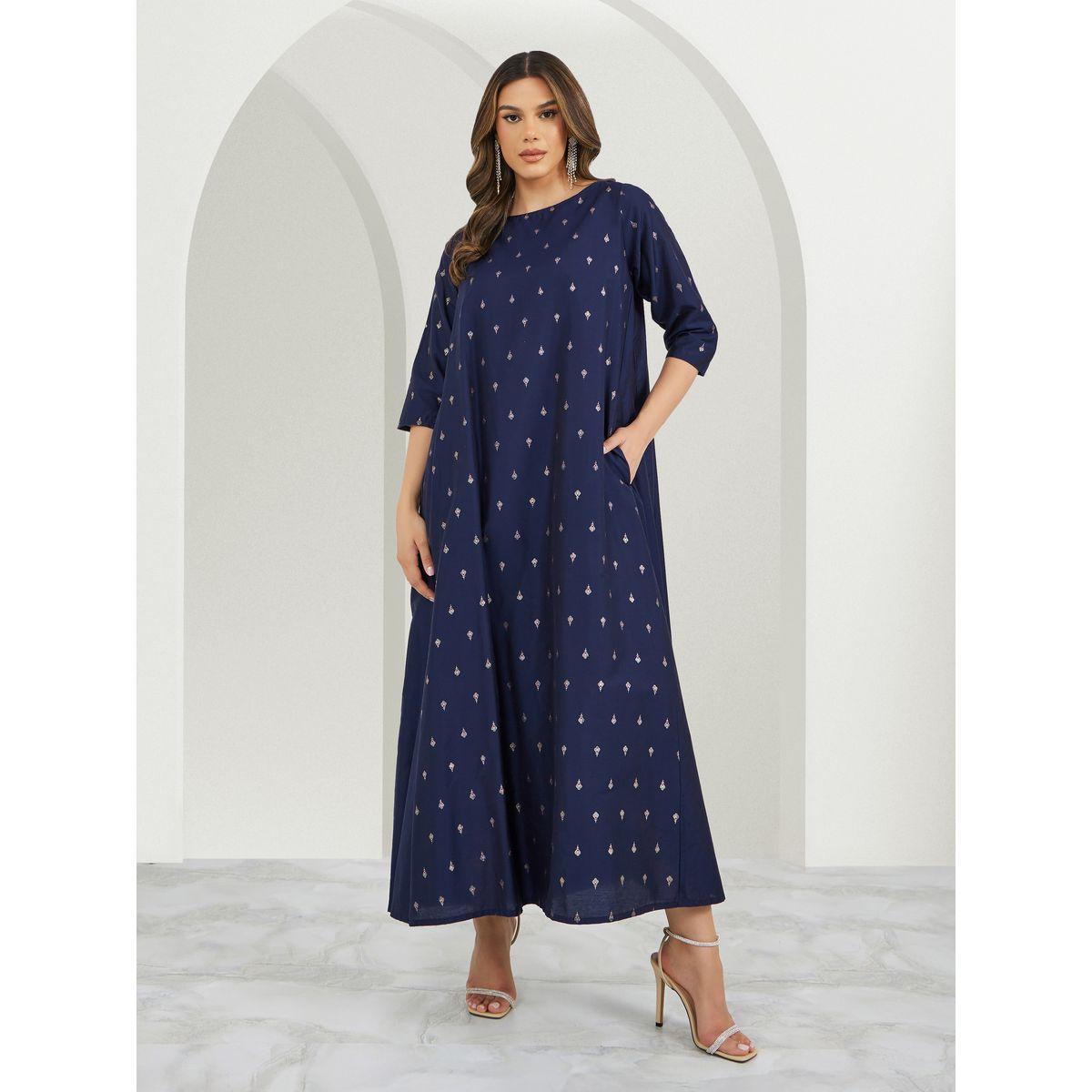 Textured Foil Print Flared Jalabiya-women-arabicclothing-jalabiyas-image-1