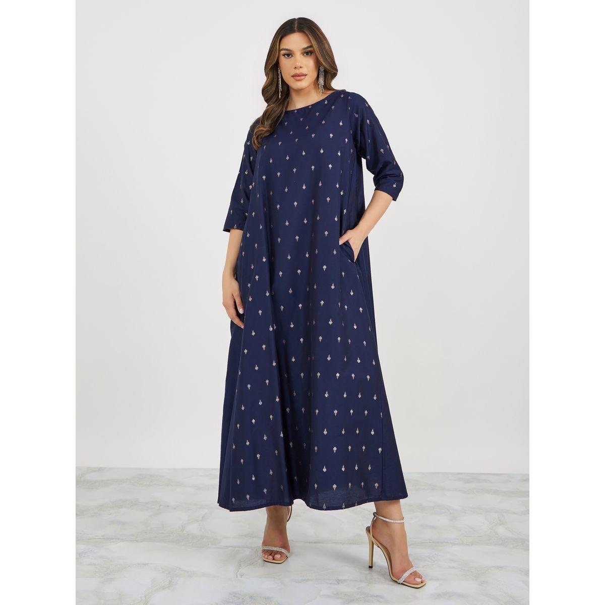 Textured Foil Print Flared Jalabiya-women-arabicclothing-jalabiyas-image-2