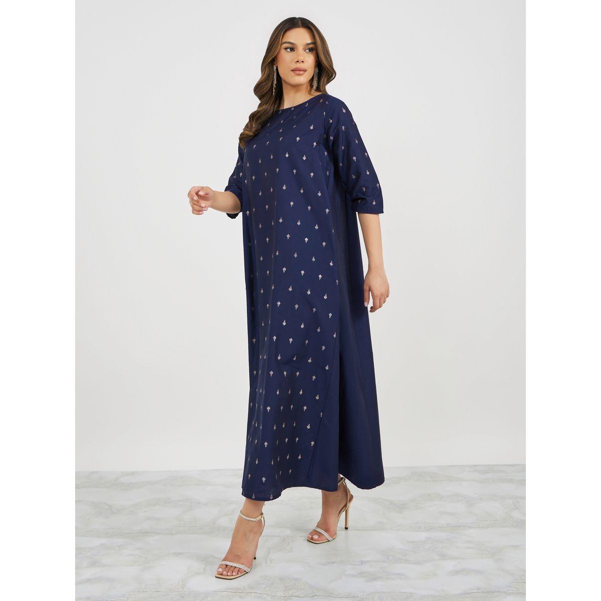 Textured Foil Print Flared Jalabiya-women-arabicclothing-jalabiyas-image-4