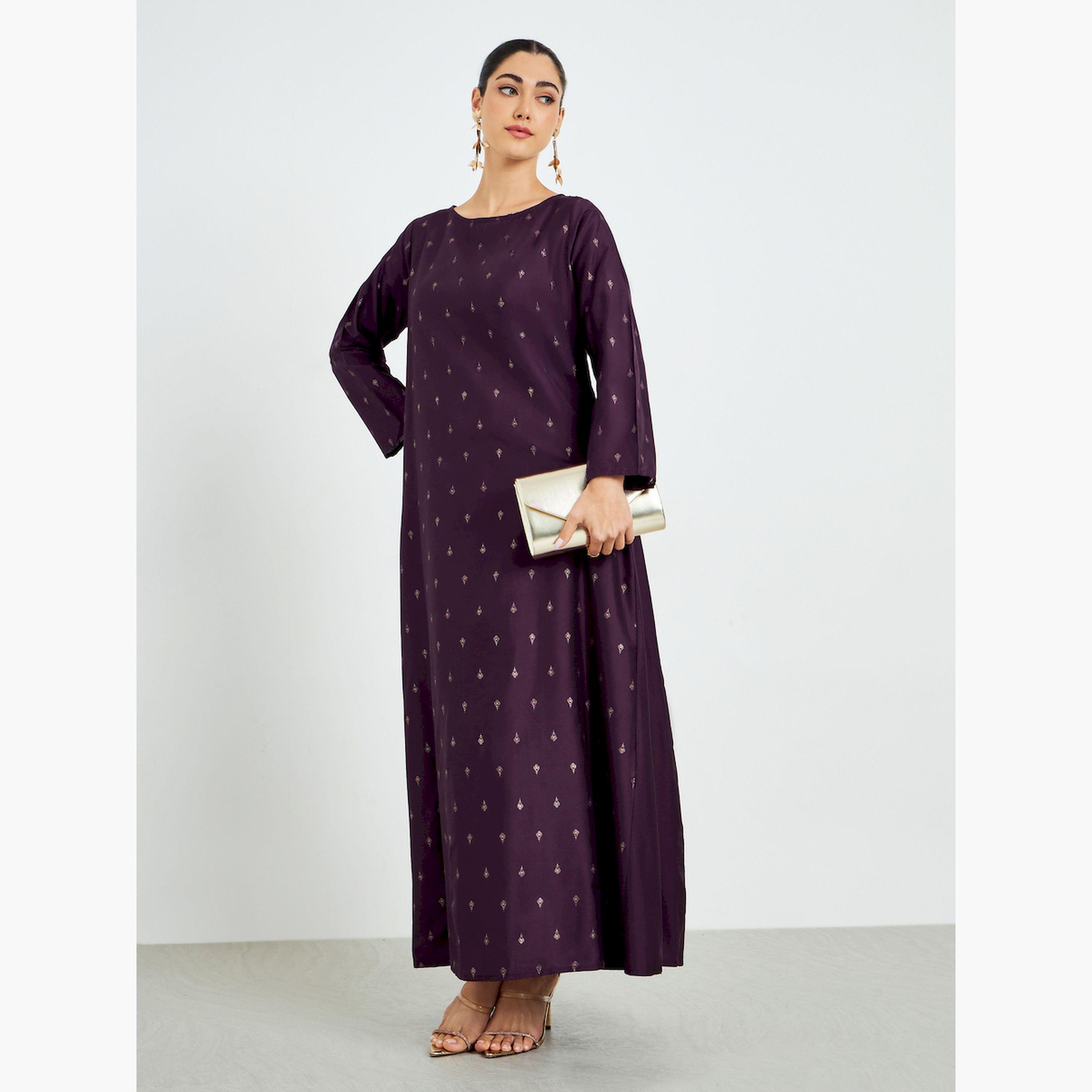 Styli Purple Foil Print A-Line Jalabiya with Pockets-women-arabicclothing-jalabiyas-image-1