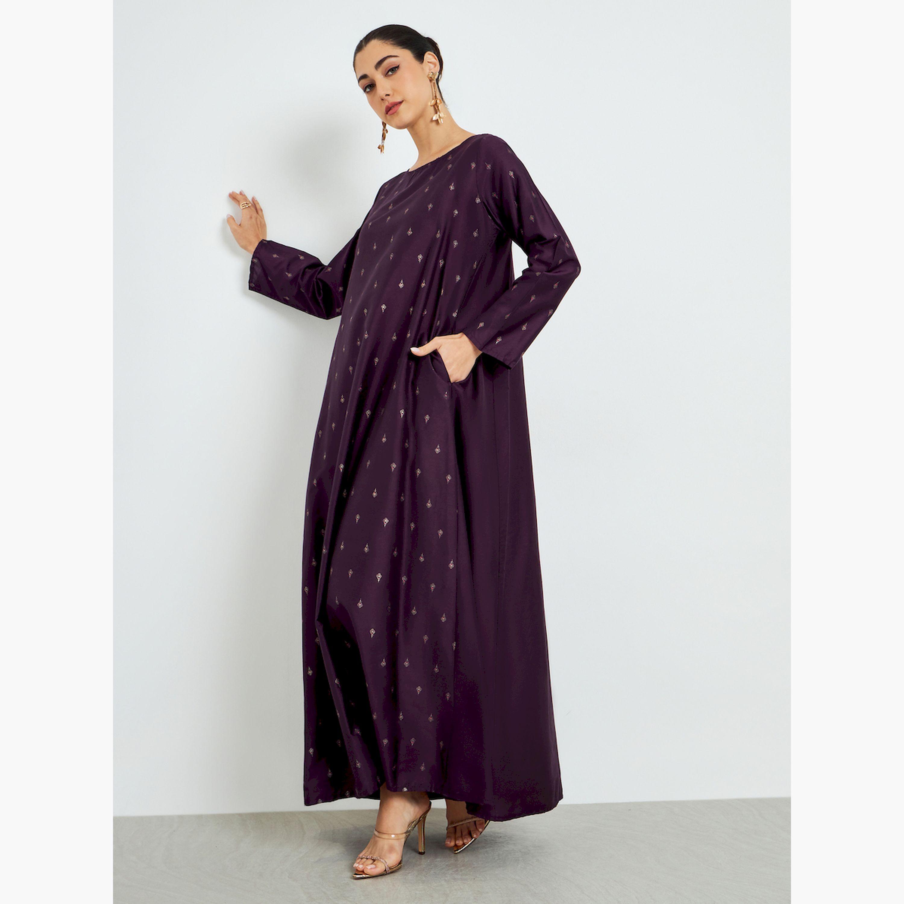 جلابية بحافة واسعة وطبعة فويل مع جيوب-women-arabicclothing-jalabiyas-image-2