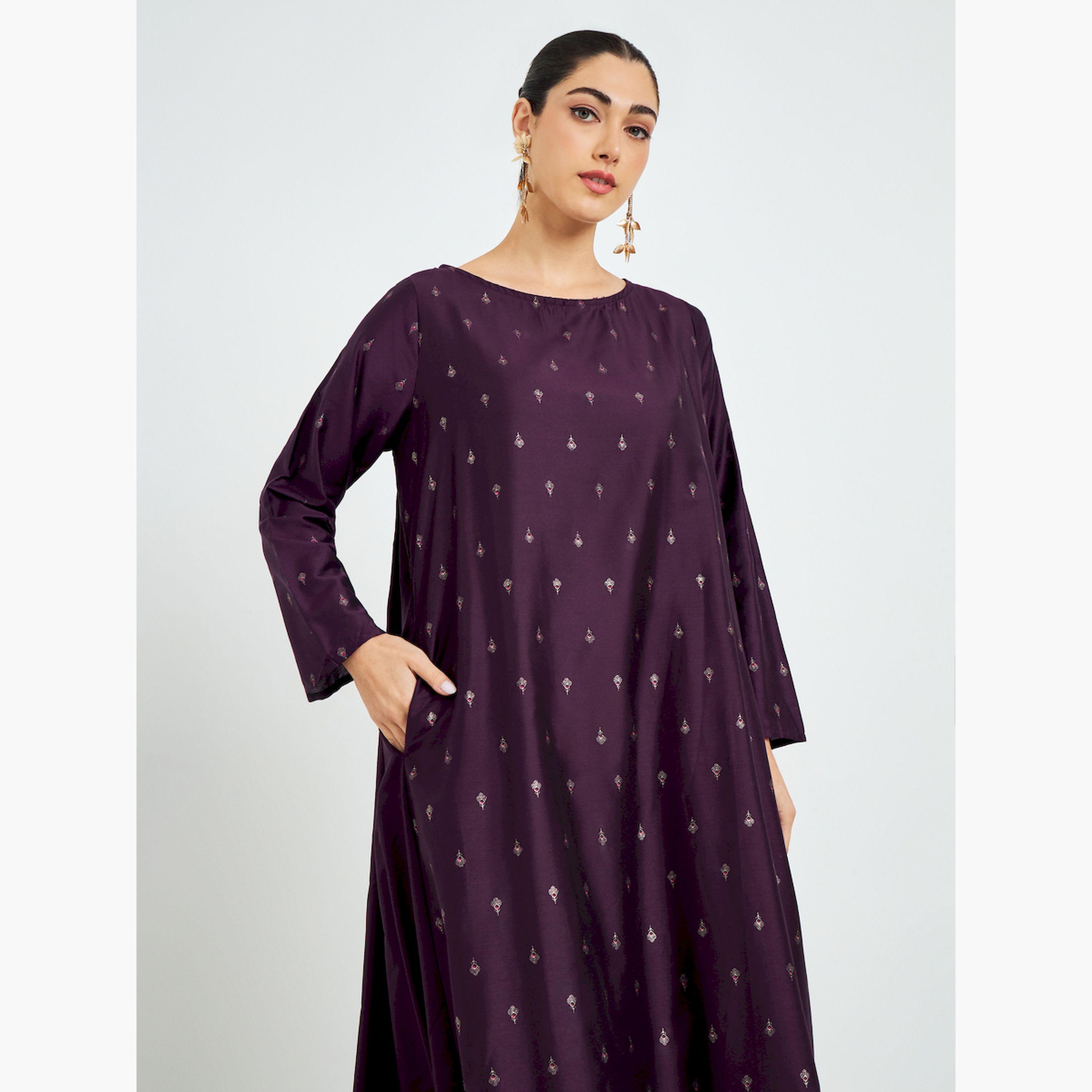 Styli Purple Foil Print A-Line Jalabiya with Pockets-women-arabicclothing-jalabiyas-image-3