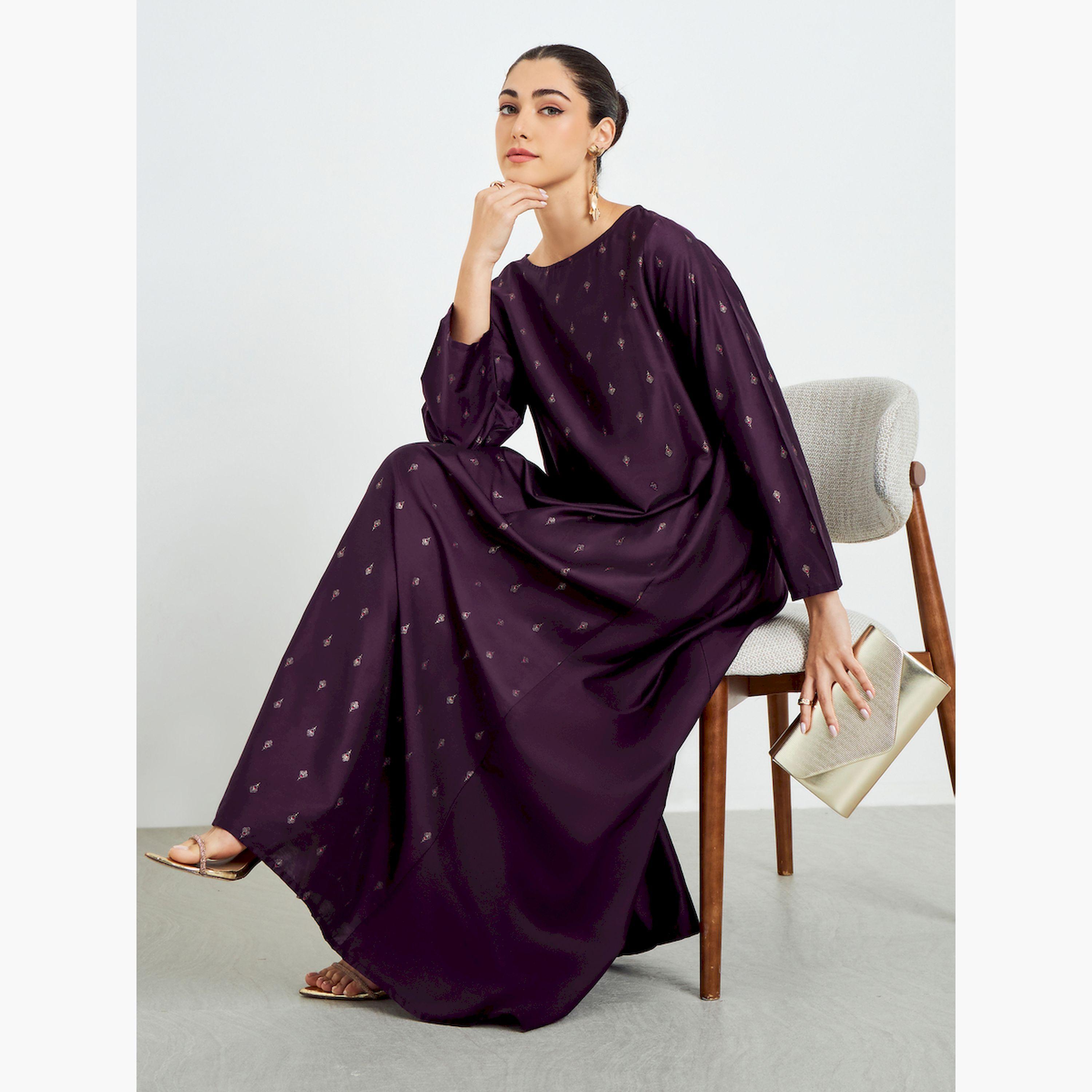 جلابية بحافة واسعة وطبعة فويل مع جيوب-women-arabicclothing-jalabiyas-image-4