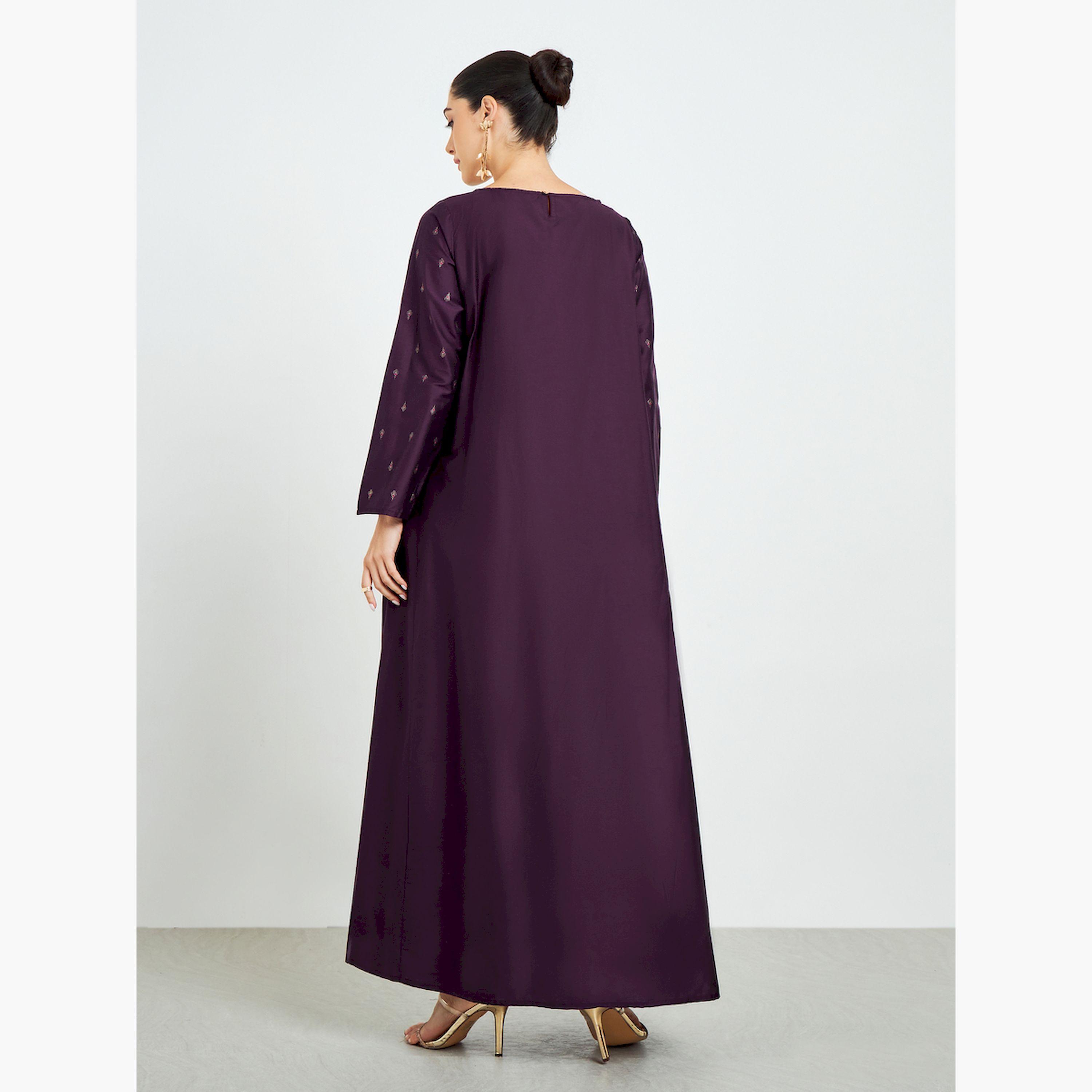 Styli Purple Foil Print A-Line Jalabiya with Pockets-women-arabicclothing-jalabiyas-image-5